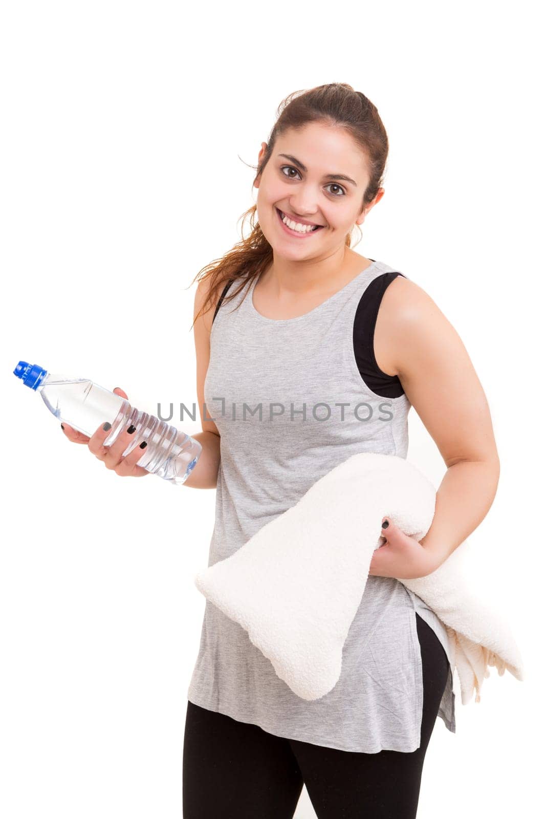 Beautiful large woman exercising - isolated over a white background