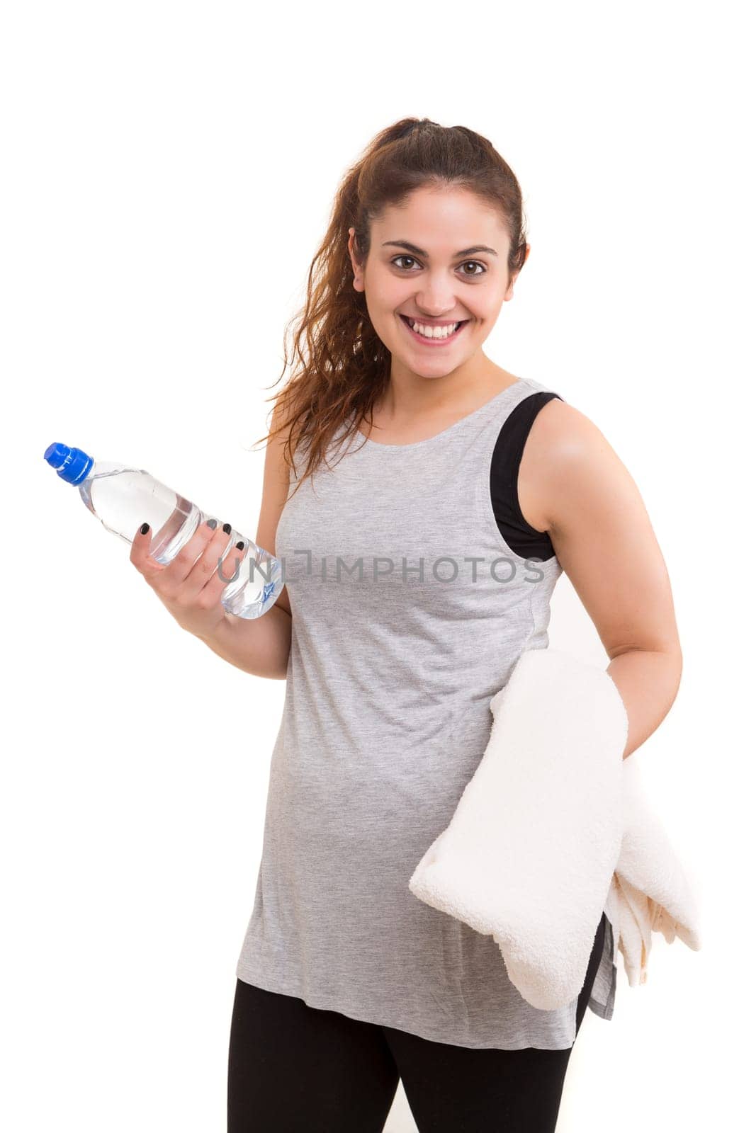 Beautiful large woman exercising - isolated over a white background