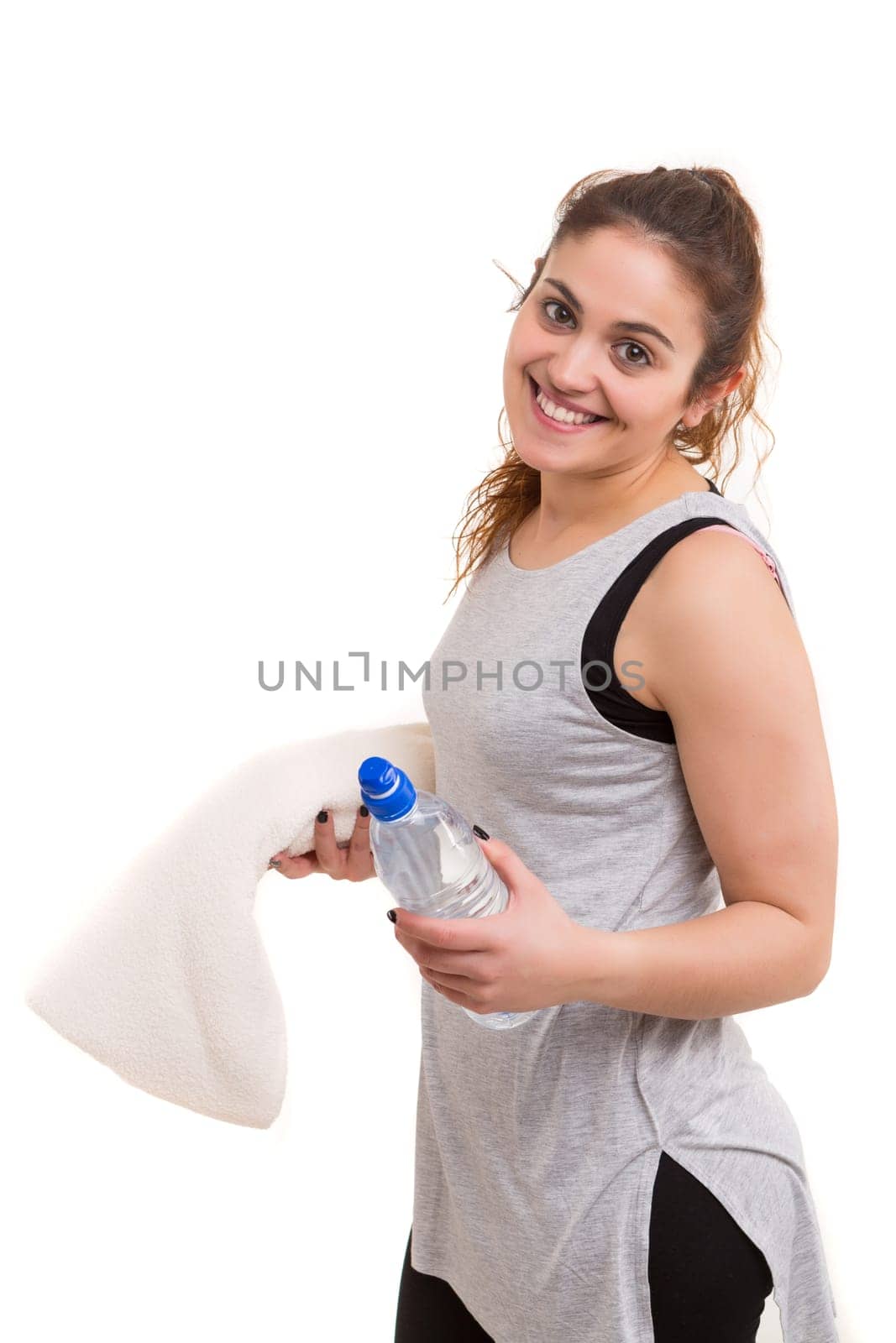 Beautiful large woman exercising - isolated over a white background