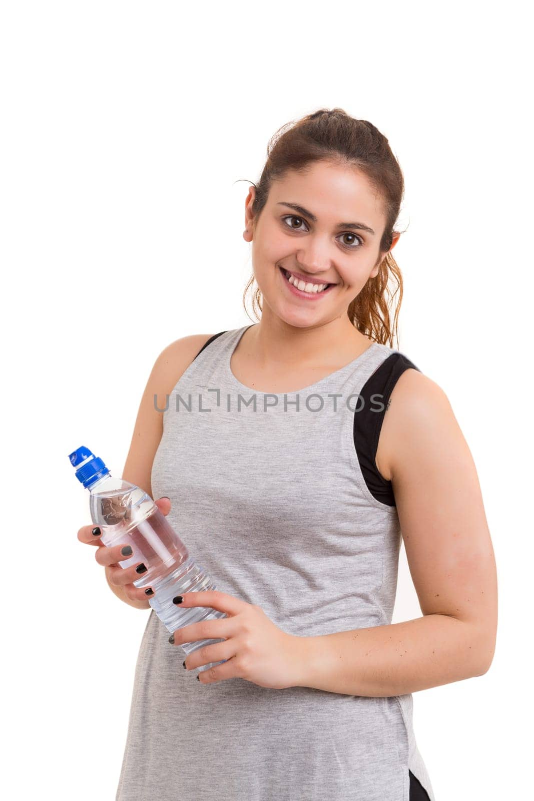Beautiful large woman exercising - isolated over a white background
