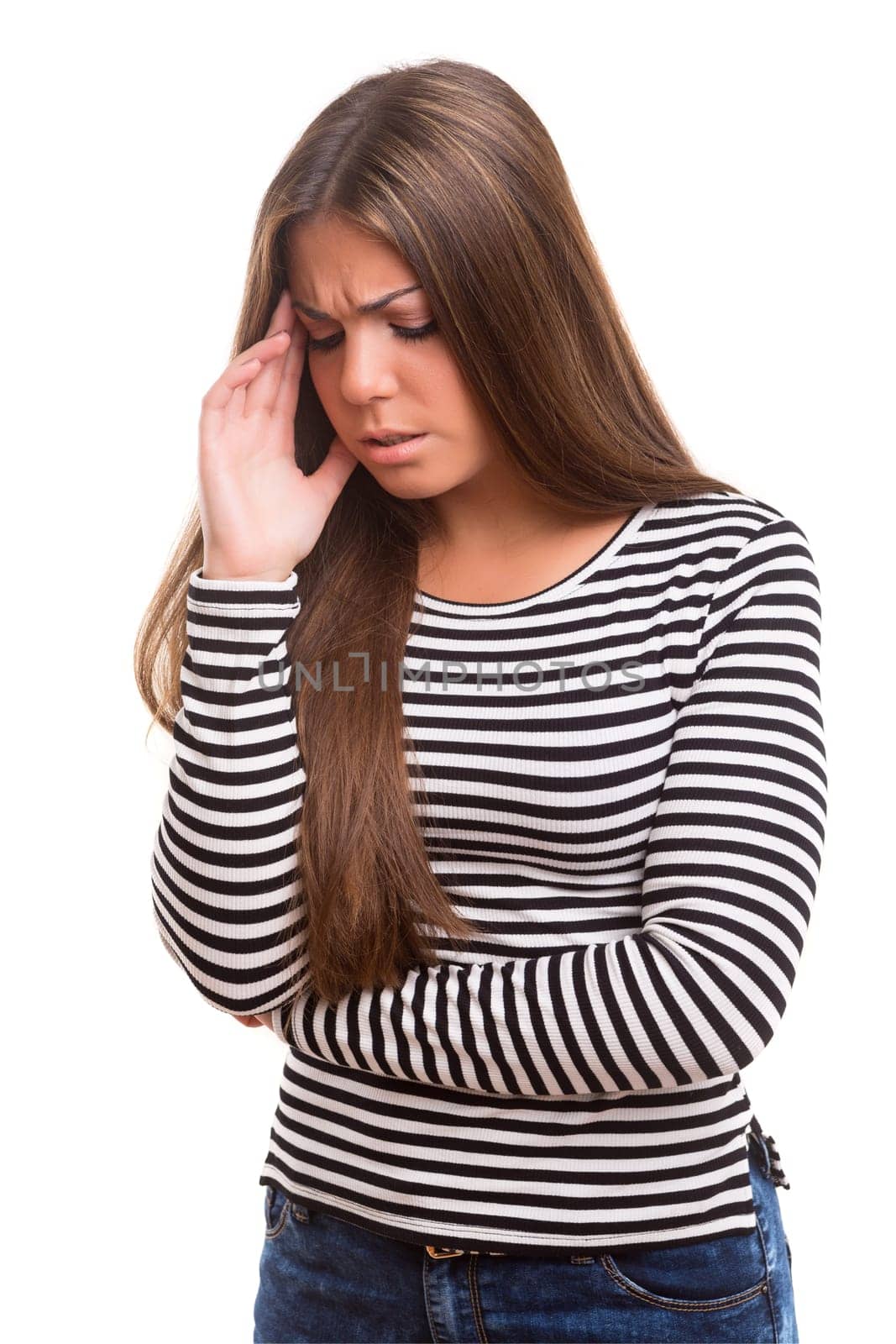 Young student tired of studying for the final exams, isolated over a white background