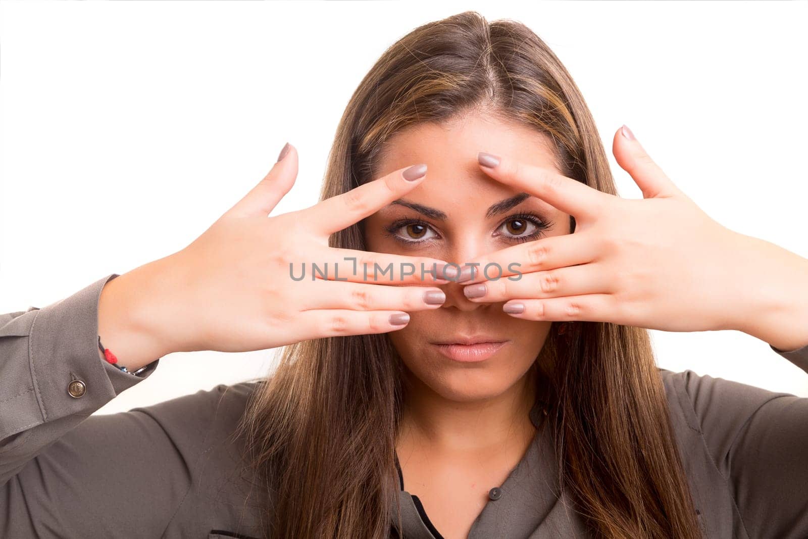 Young woman making framing key gesture - isolated over white