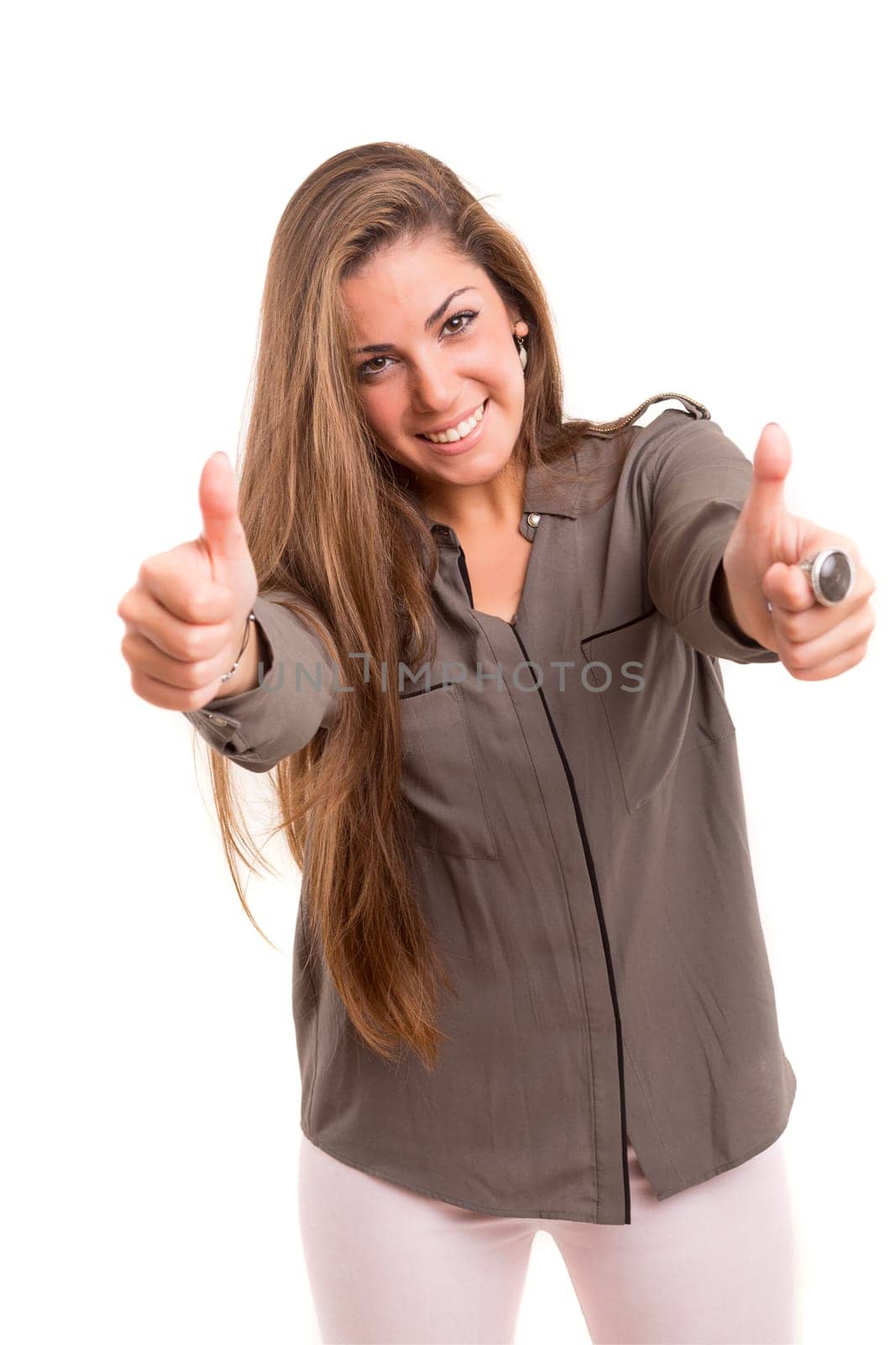 Beautiful young woman signaling ok, isolated over white