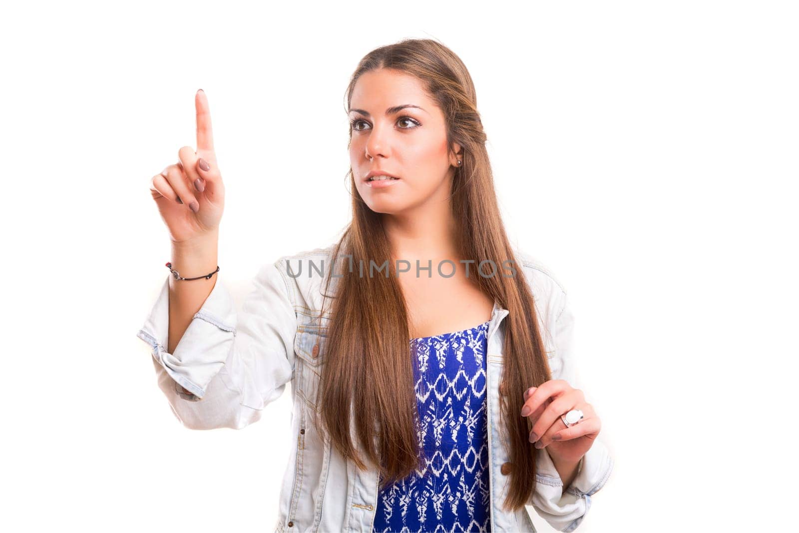 Business woman pressing key, isolated over white