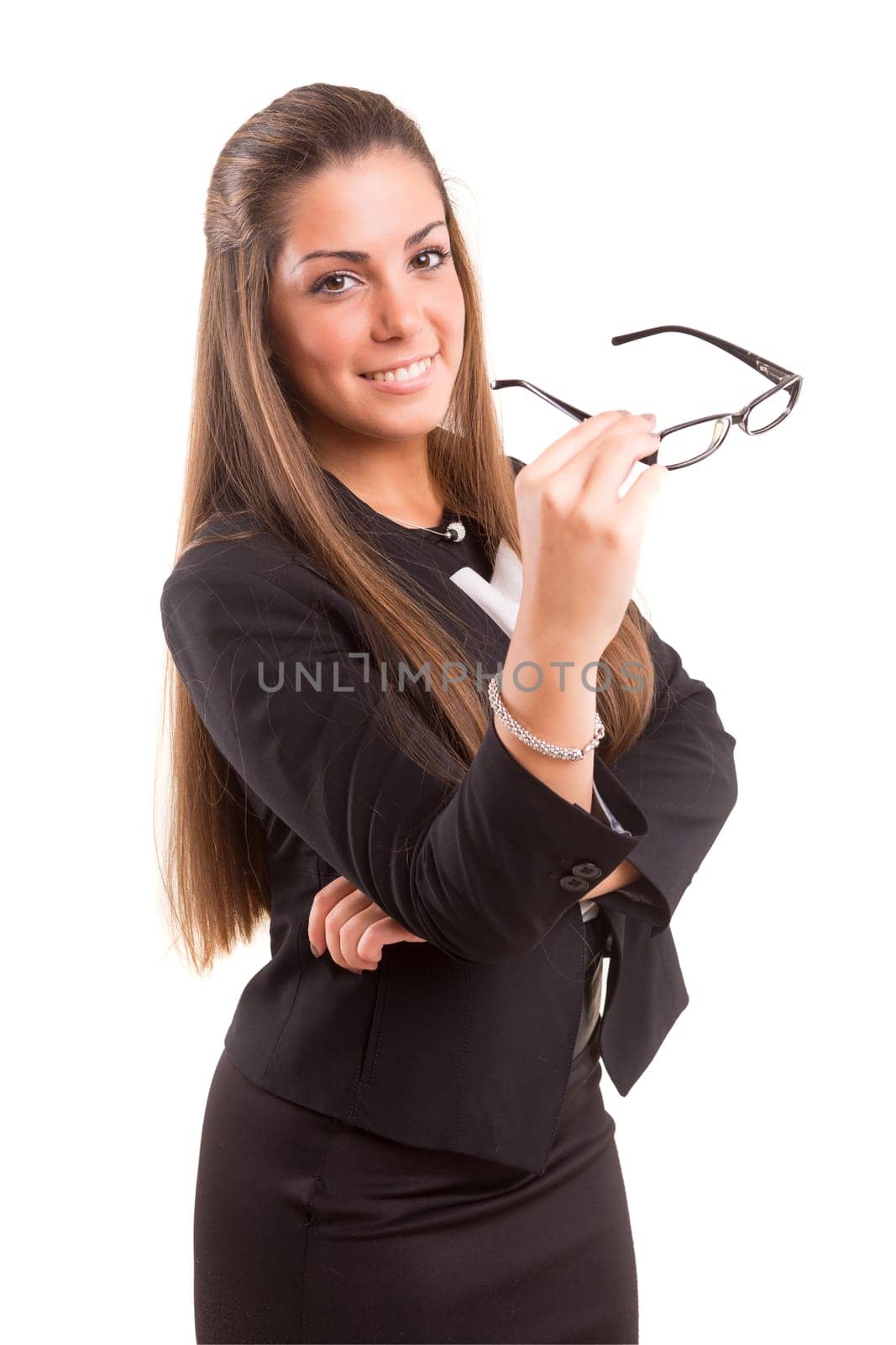 Beautiful young woman wearing glasses, isolated over copy space background