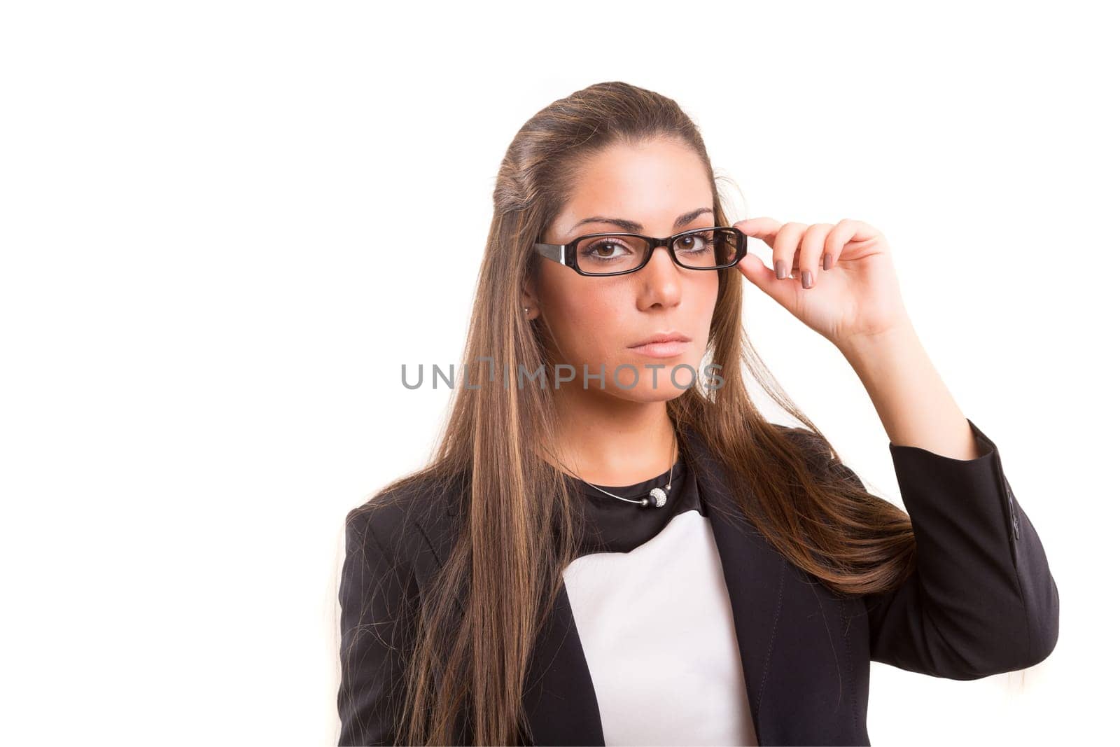 Beautiful young woman wearing glasses, isolated over copy space background