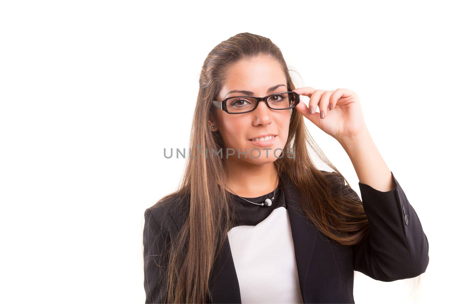 Beautiful young woman wearing glasses, isolated over copy space background