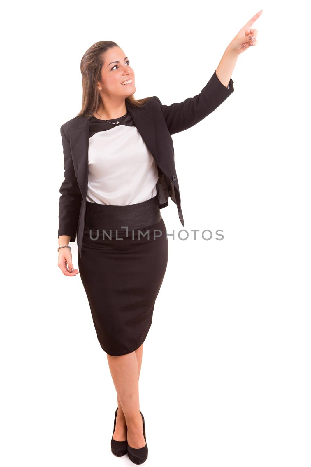 Young beautiful woman presenting your product, isolated over white background