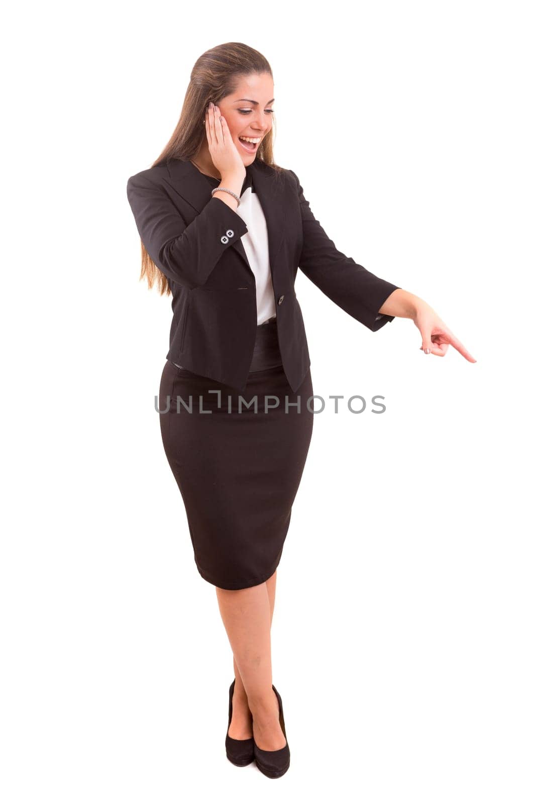 Young beautiful woman presenting your product, isolated over white background
