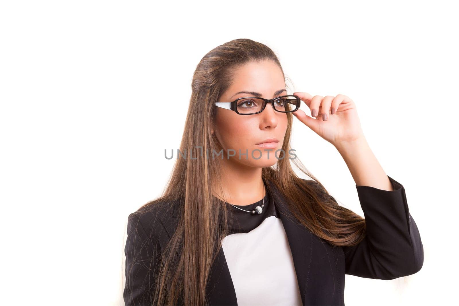Beautiful young woman wearing glasses, isolated over copy space background
