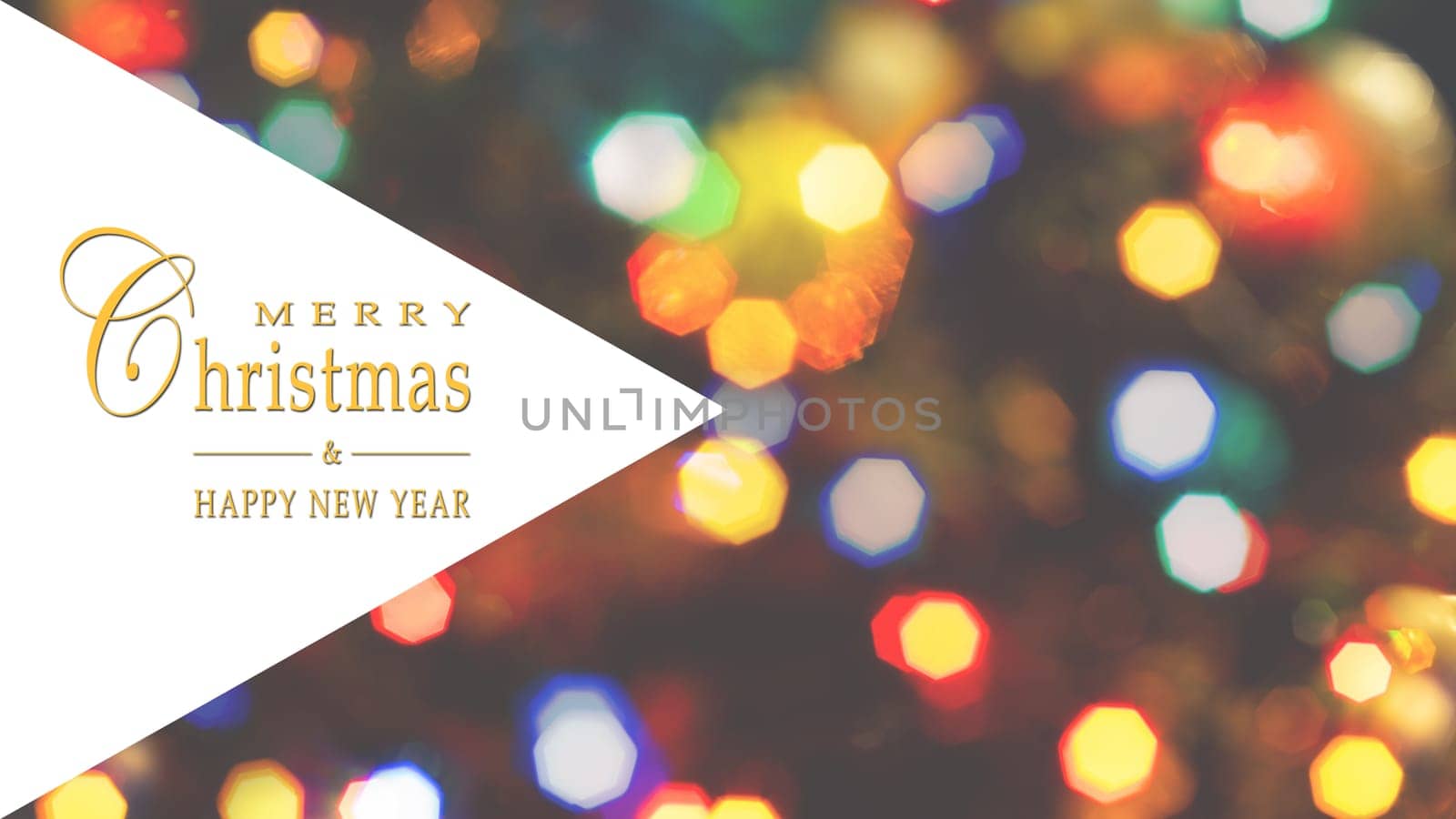 Merry Christmas and Happy New Year greeting card, blurred background of the twinkling lights of the Christmas tree. Greeting card background. Text space