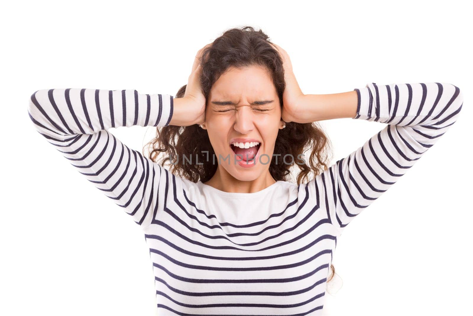 Beautiful young woman asking for silence isolated