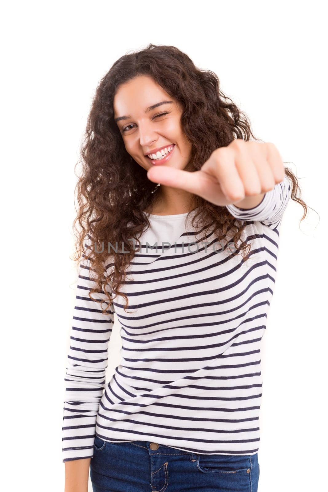 Beautiful young woman signaling ok, isolated over white