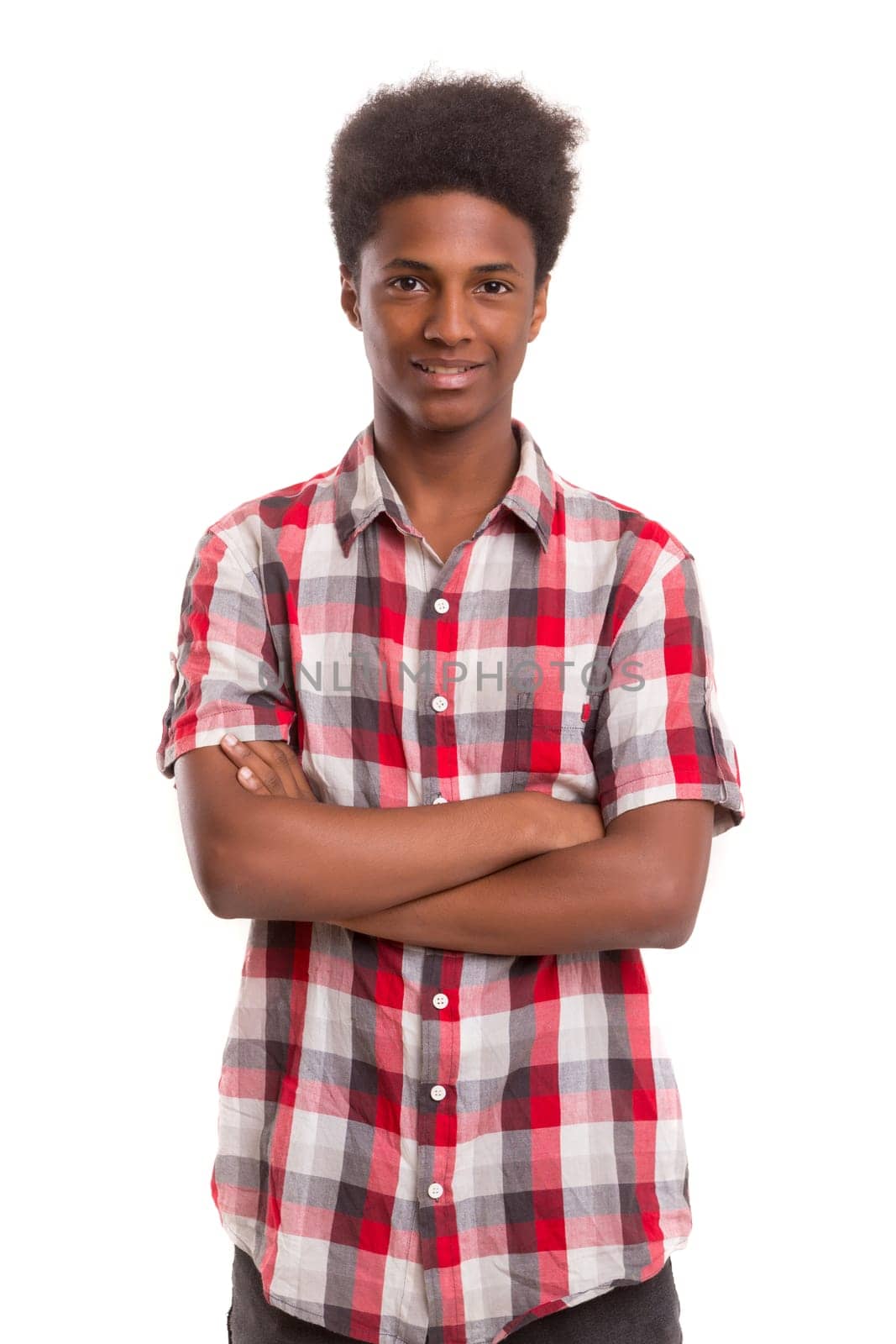 A casual young black boy posing isolated