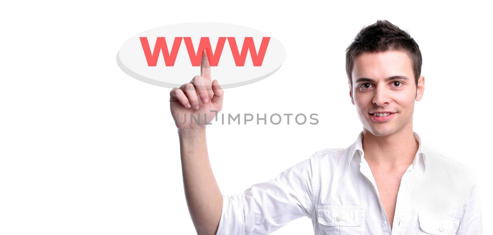 Young business man presses key, isolated over white