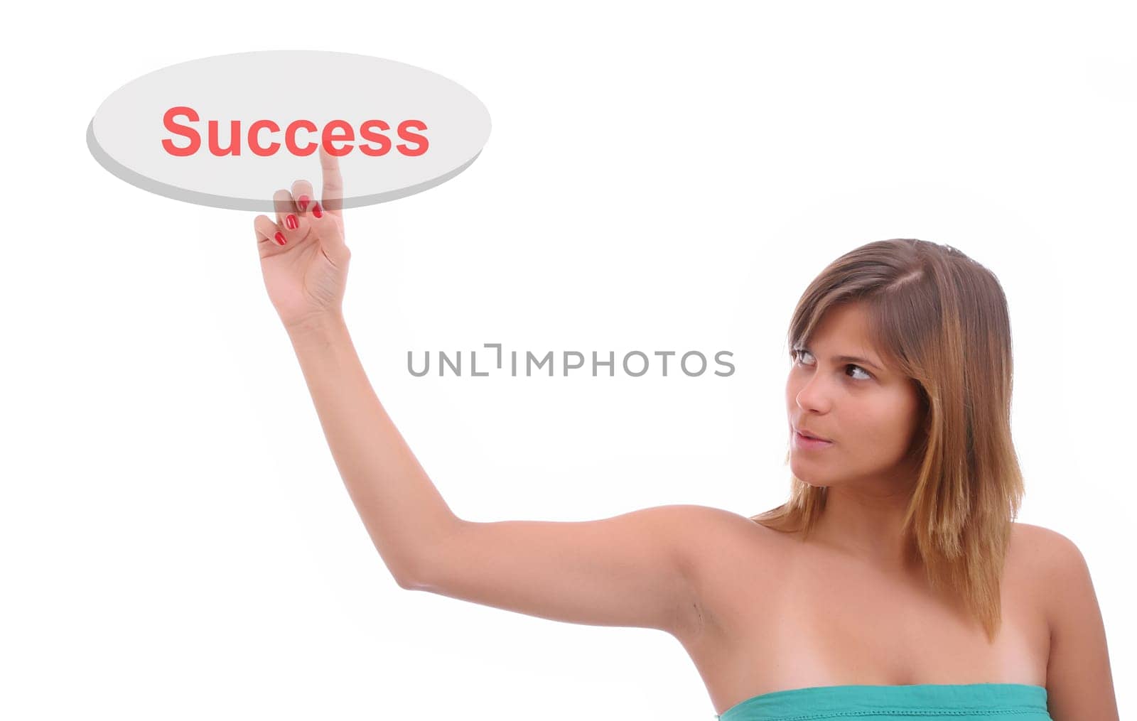 Young Bussinesswoman, presses key - Isolated over White