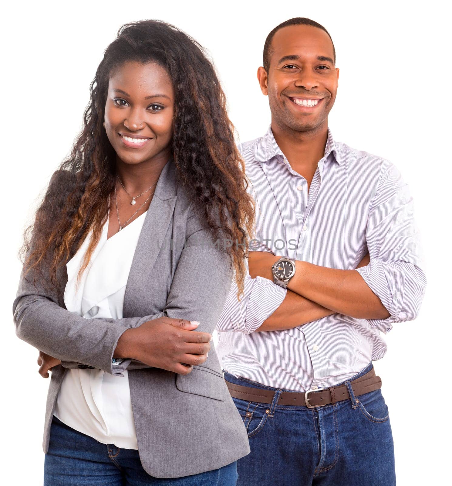Young african couple smiling isolated over a white background