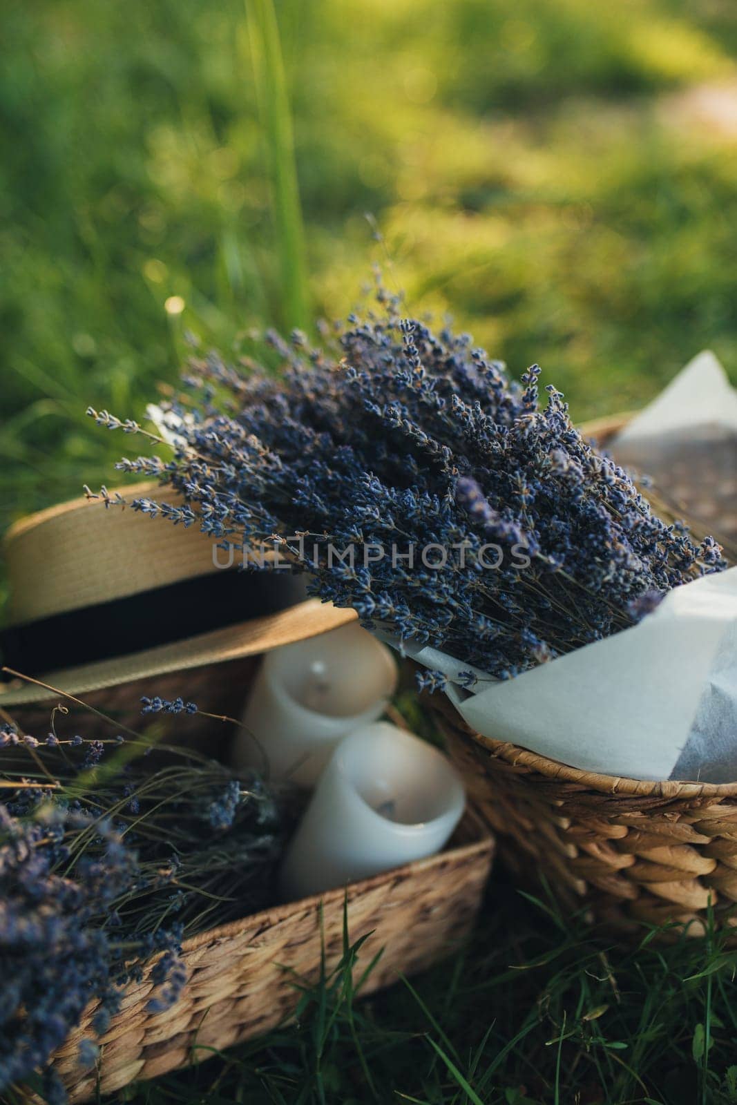 Purple lavender flowers in the wooden box. High quality photo