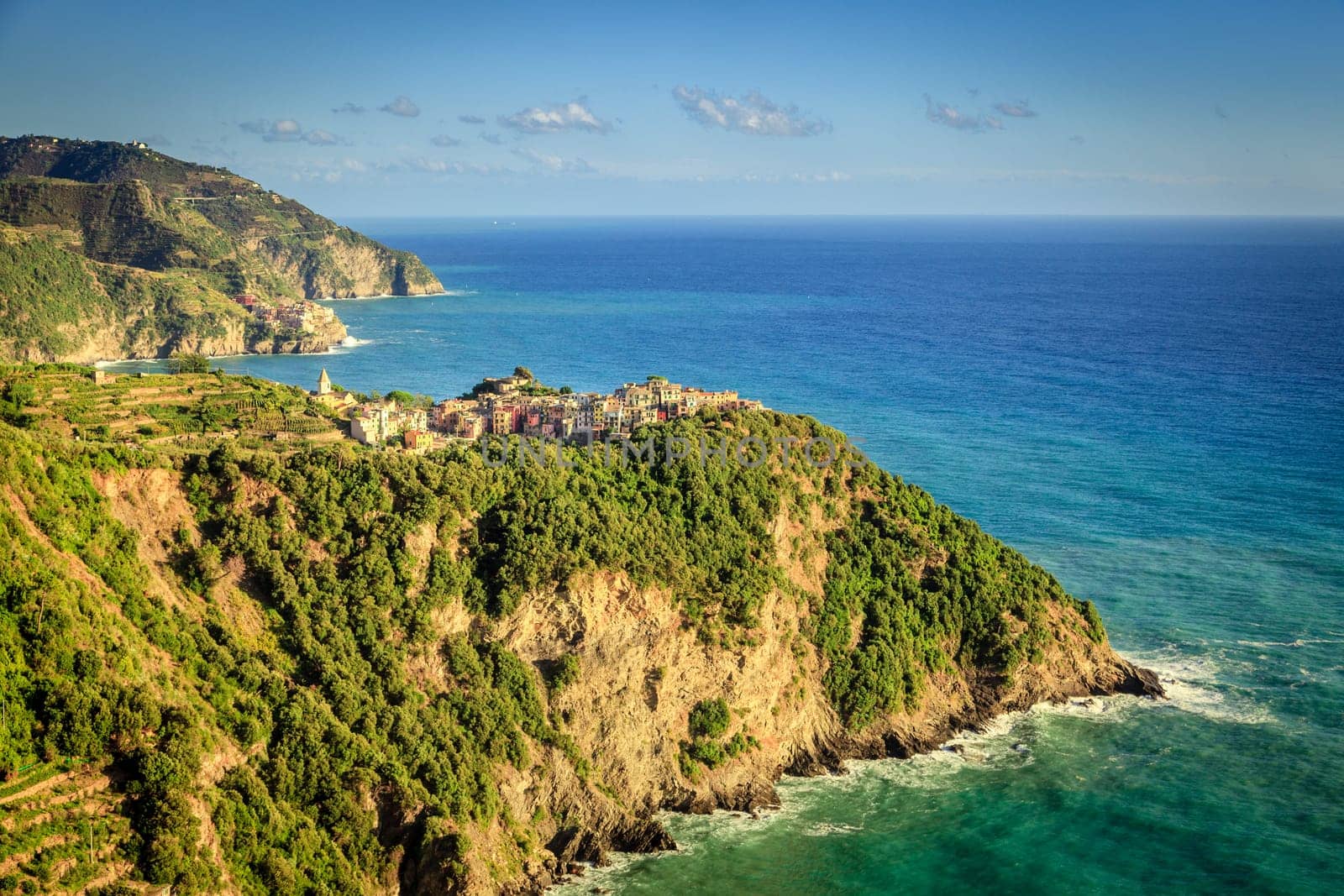 Scenic view of the coasline of Cinque Terre National Park and the village of Corniglia