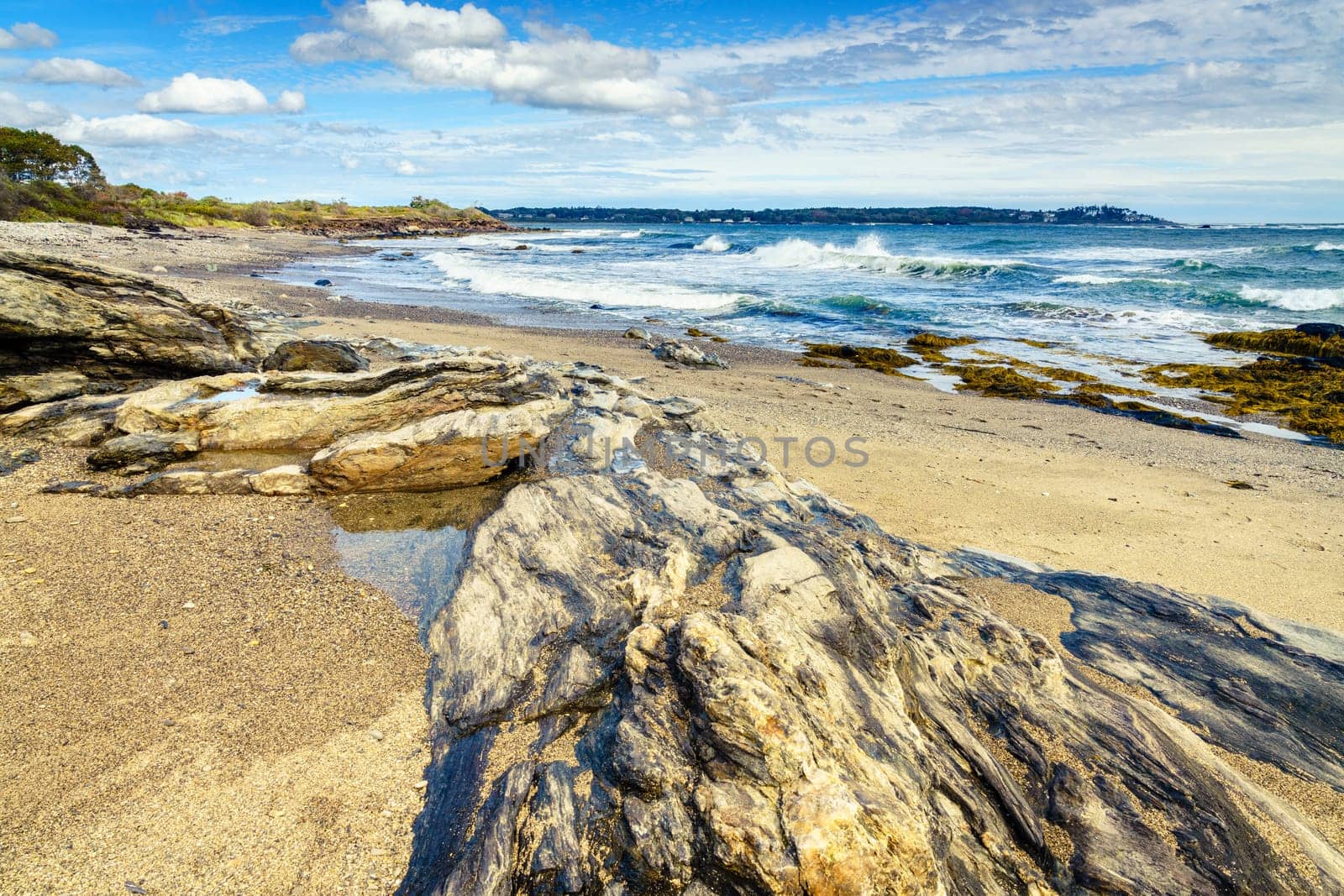 Scenic view of coastline at Crescent Beach State Park in Cape Elizabeth, Maine