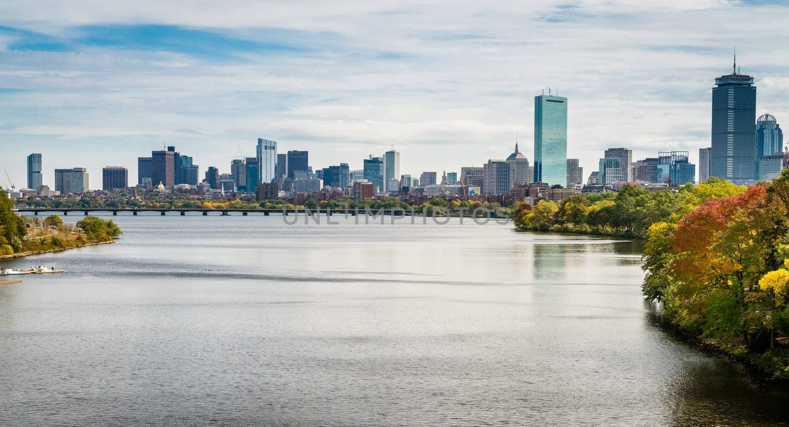View of Boston skyline from a bridge across the Charles River