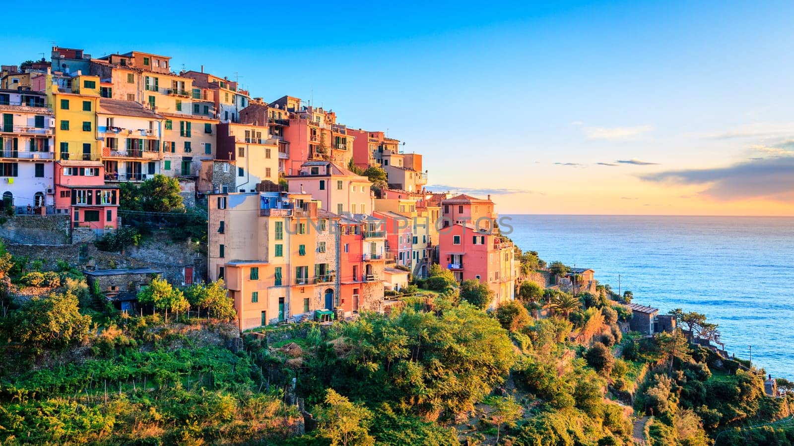 Scenic view of the village of Corniglia in Cinque Terre National Park in Italy