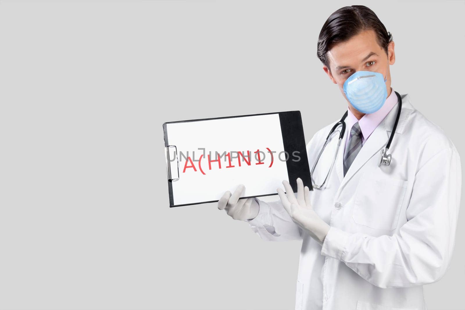 Portrait of a doctor showing H1N1 sign