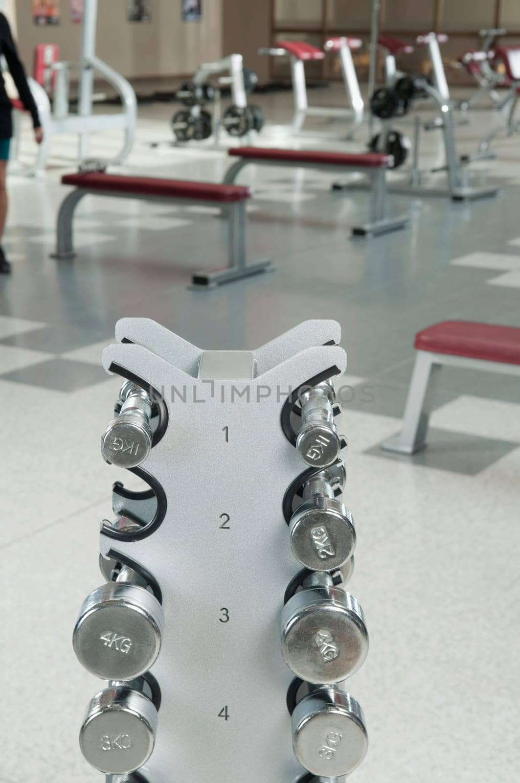 Dumbbells on rack in a gym