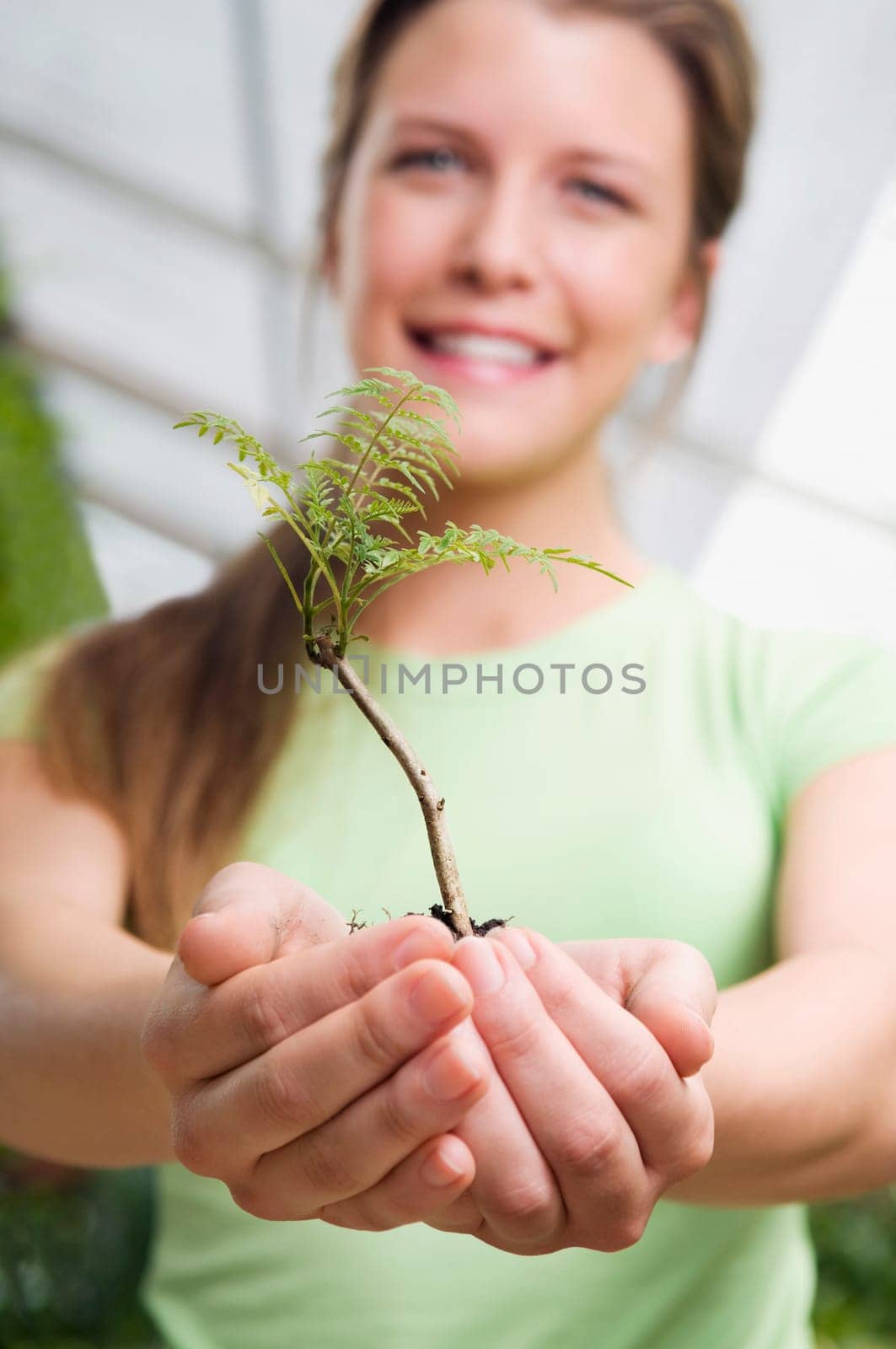 Woman holding a sapling in a greenhouse