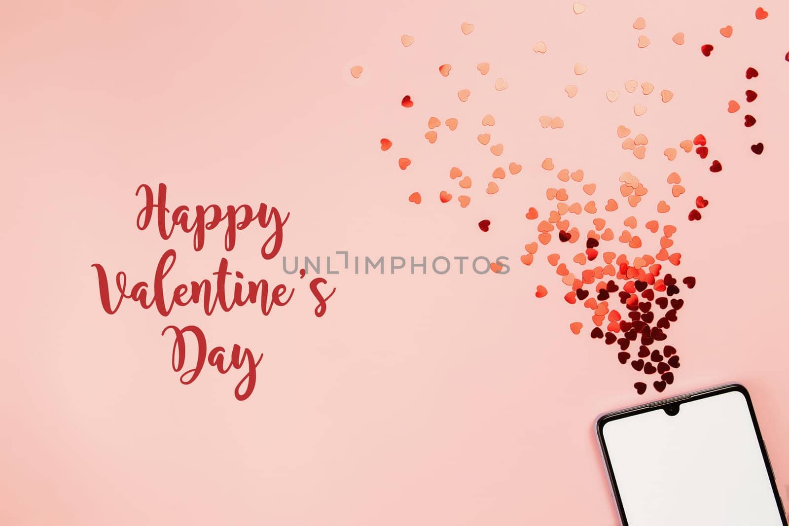Valentine card with empty phone screen and glitters. Happy Valentine day text. High quality photo