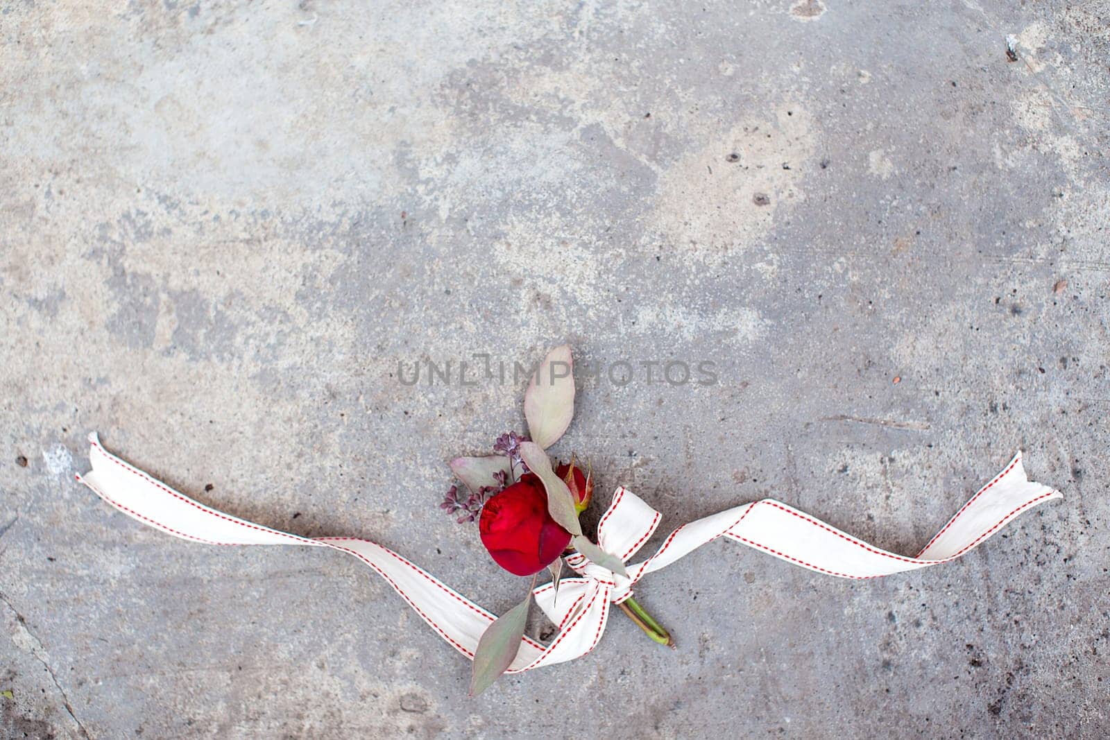 Red rose with ribbon on the concrete ground. High quality photo