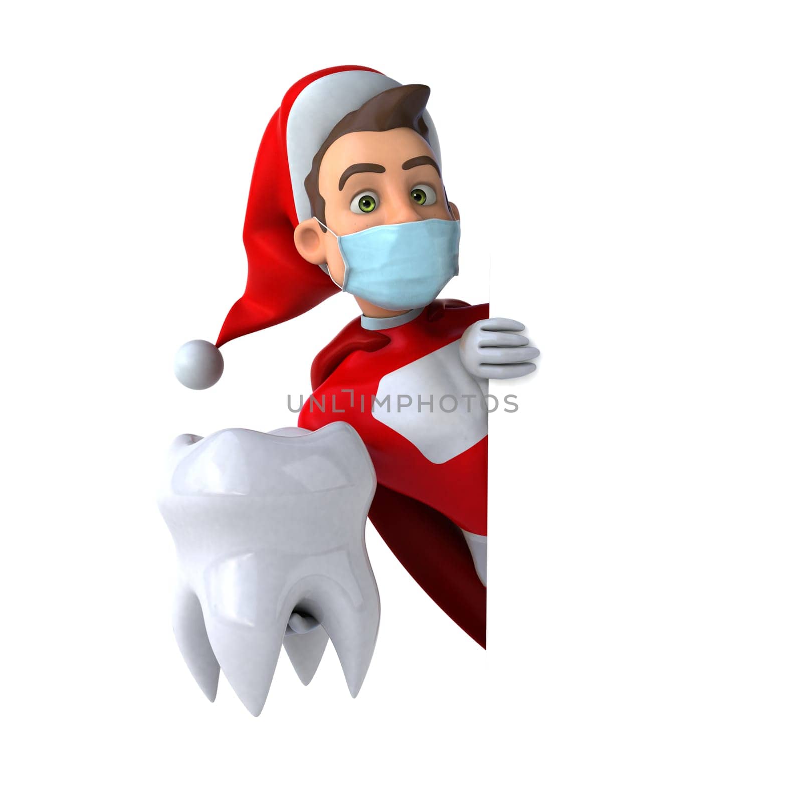 Fun 3D illustration of a cartoon Santa Claus with a mask