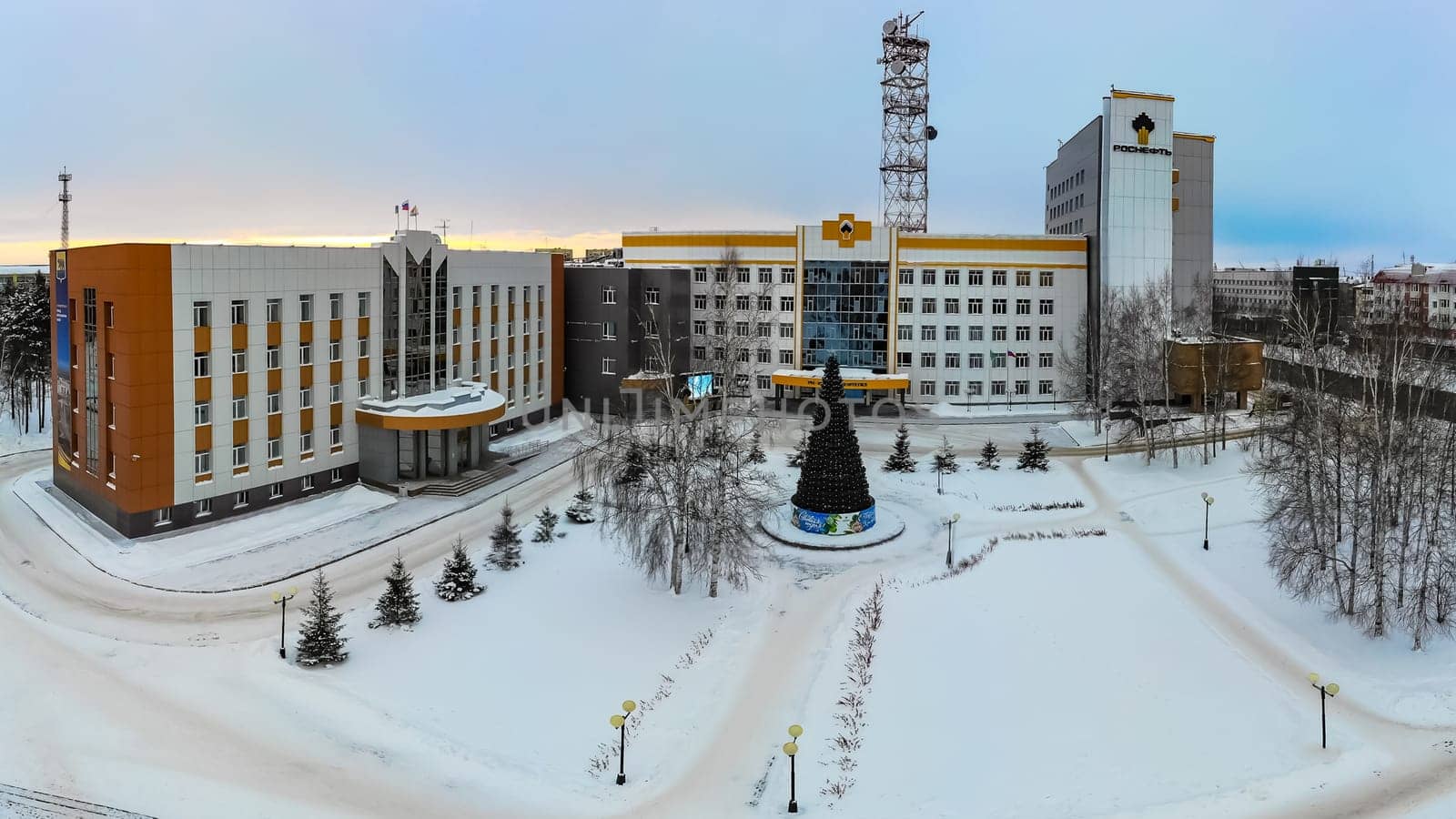 Nefteyugansk, Russia - December 25, 2019: Rosneft's administrative building in the city of Nefteyugansk.