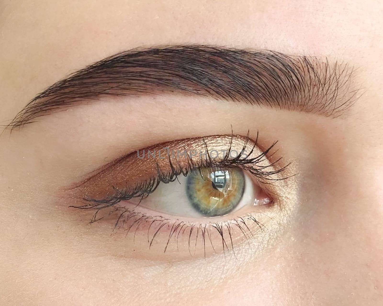 Wide eyebrow and green eye. A woman's makeup.