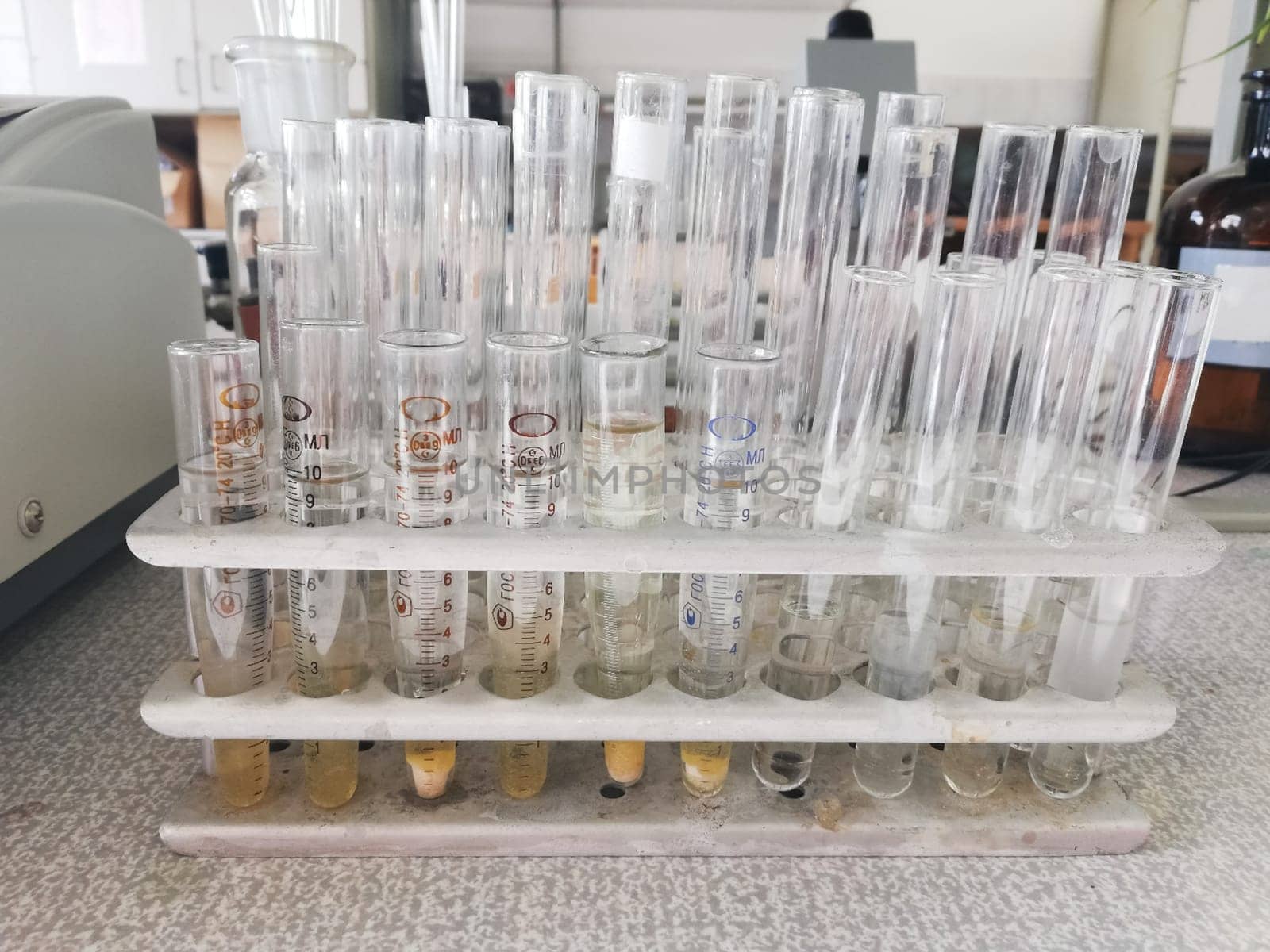 Test tubes and flasks in the lab. Chemical Analysis Laboratory.
