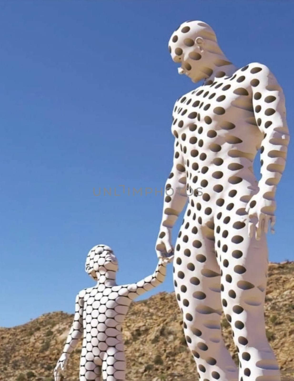 White sculpture, father and son from the same material.