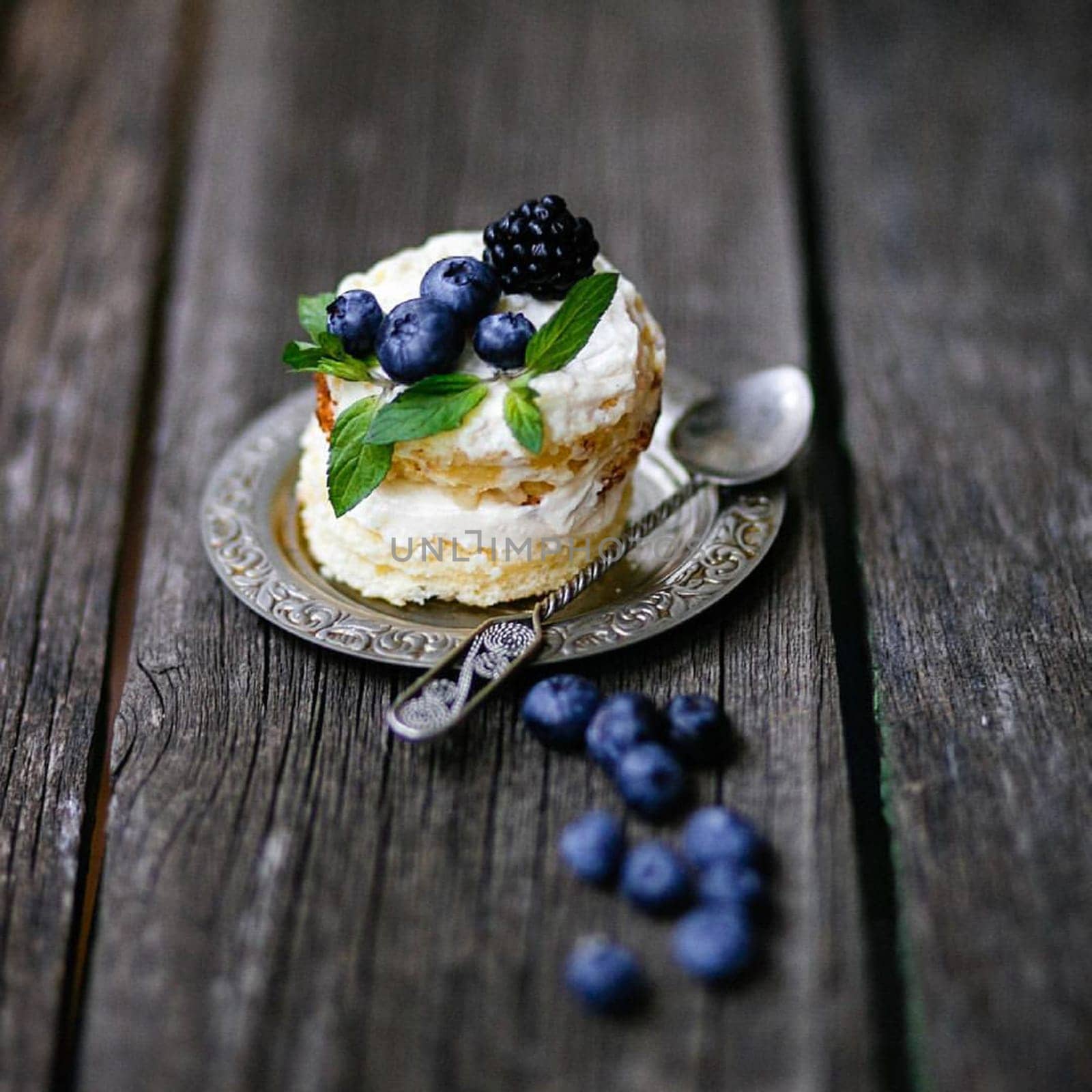 A small cake with blueberries and blackberries.