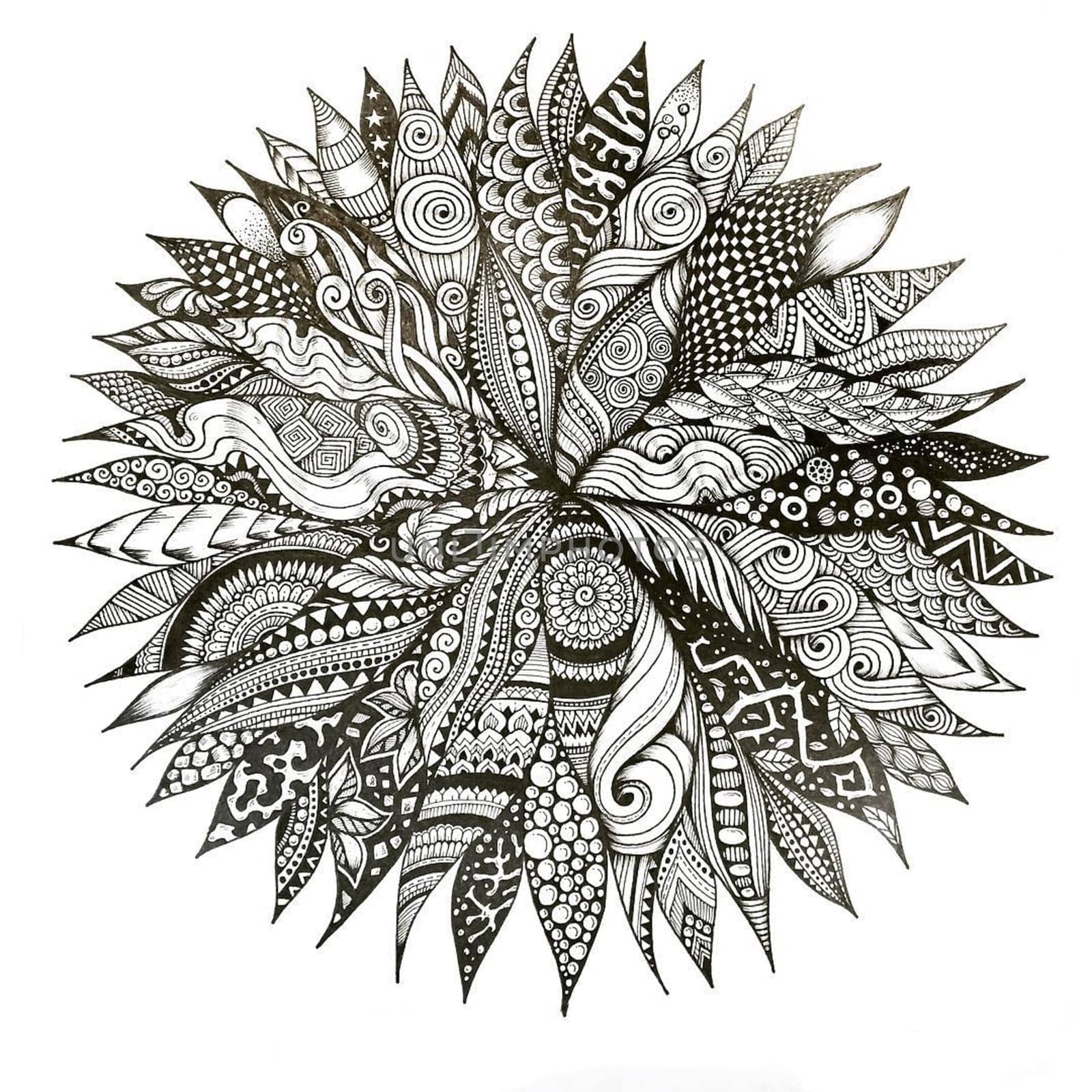 Painted ink on paper circle with patterns.