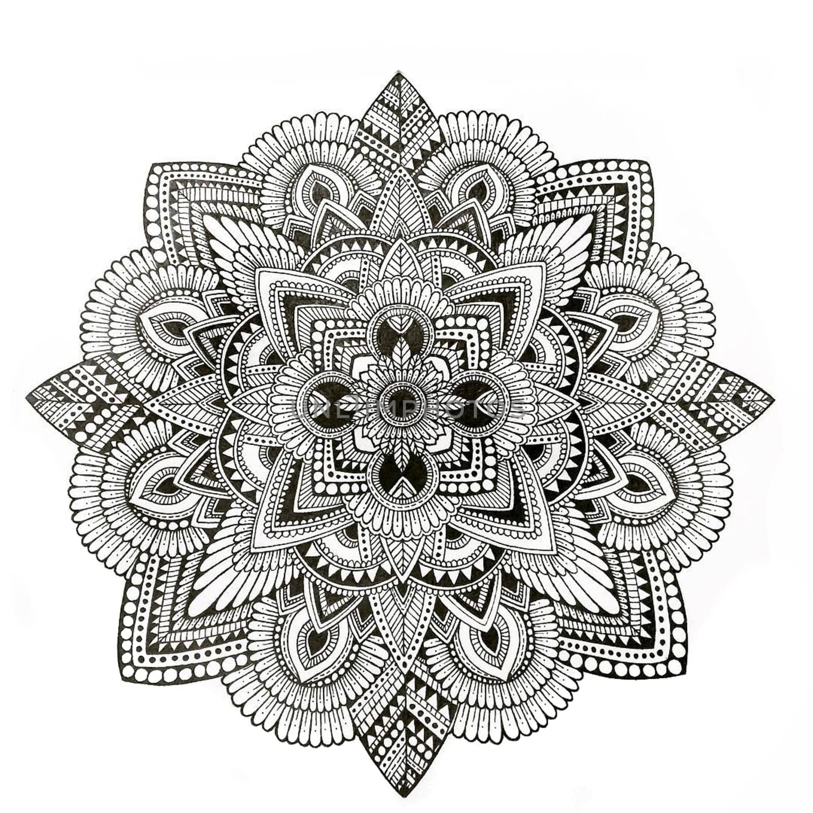 Painted ink on paper circle with patterns.