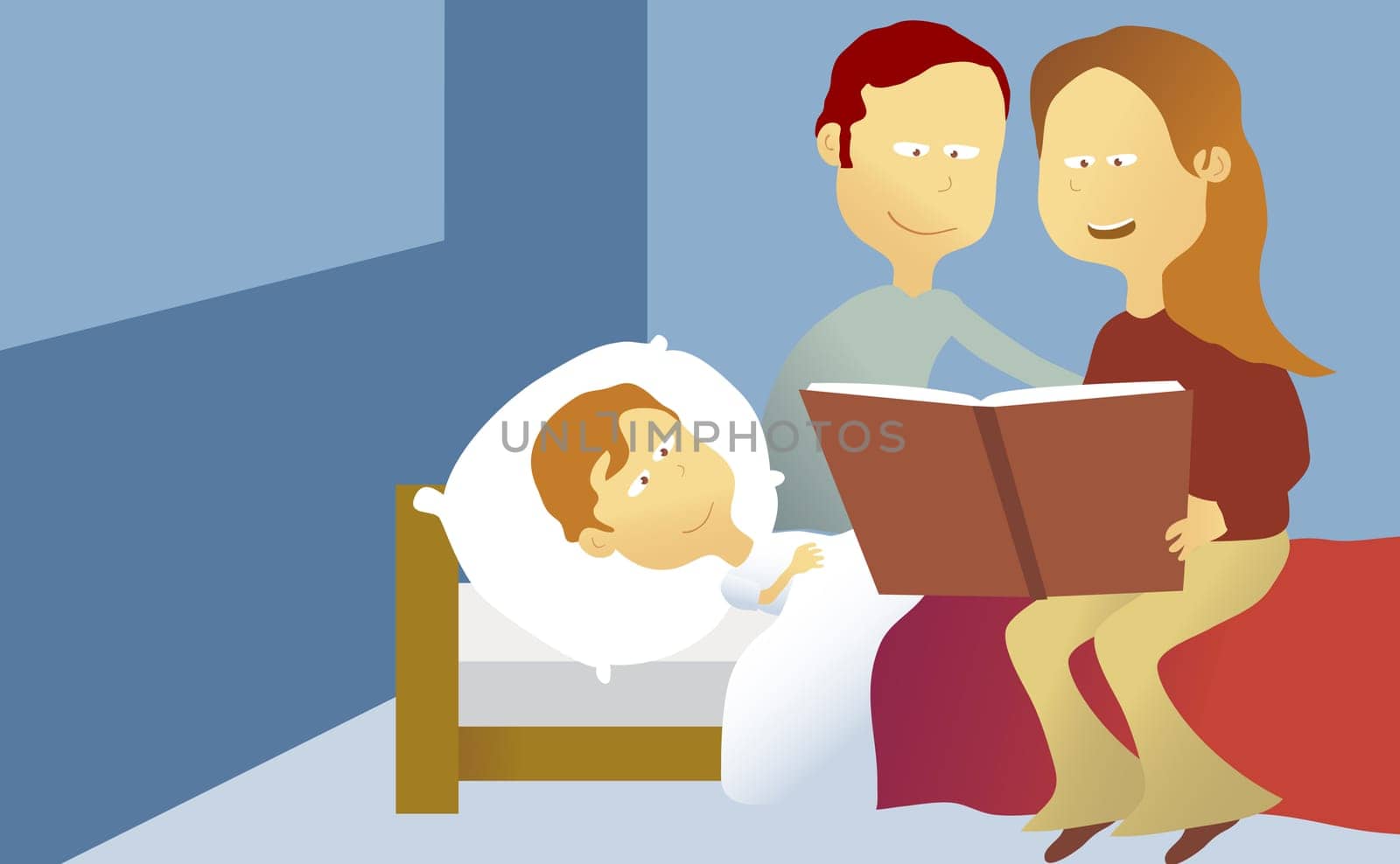 Parents reading a book to their son at bedtime