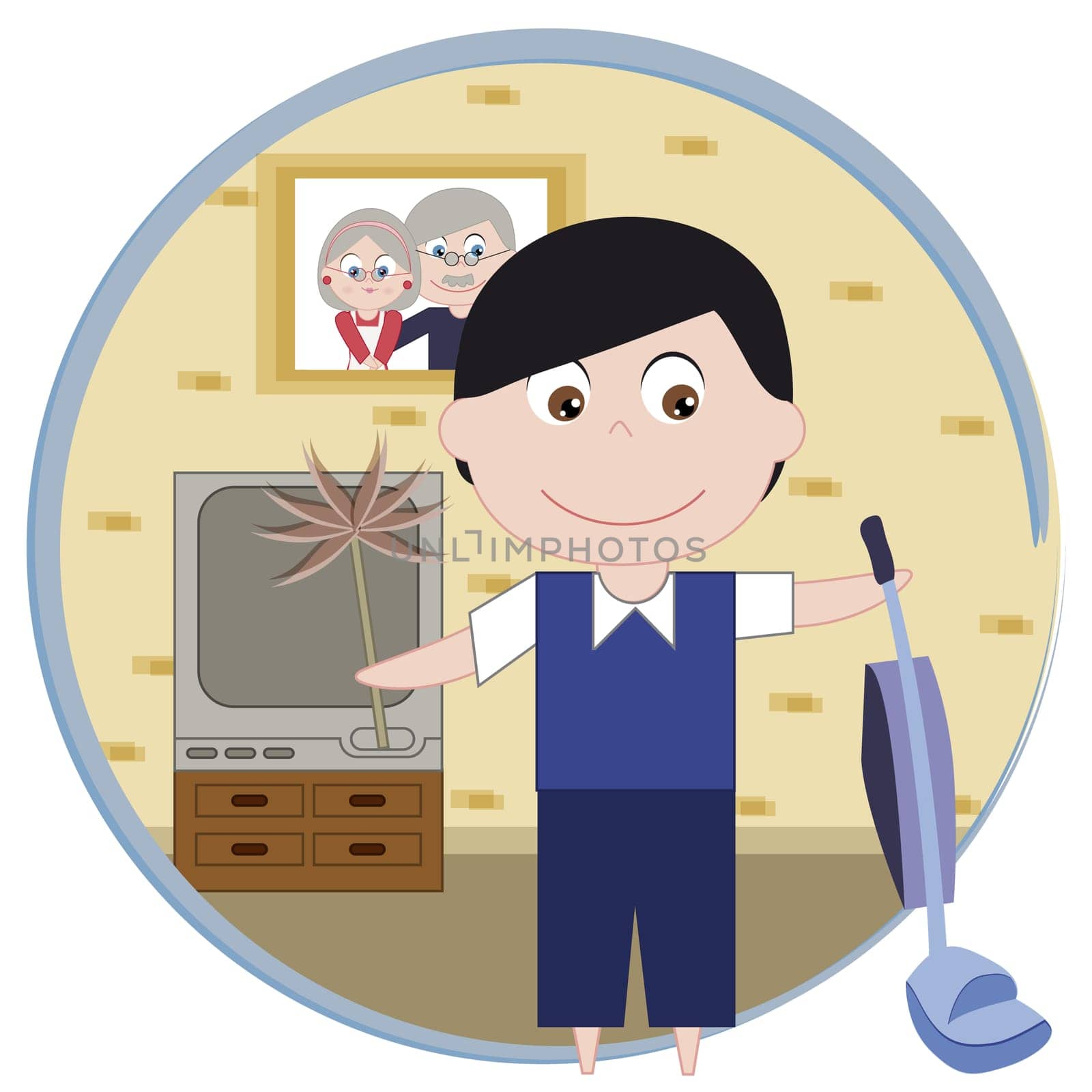 Man holding a mop and a vacuum cleaner