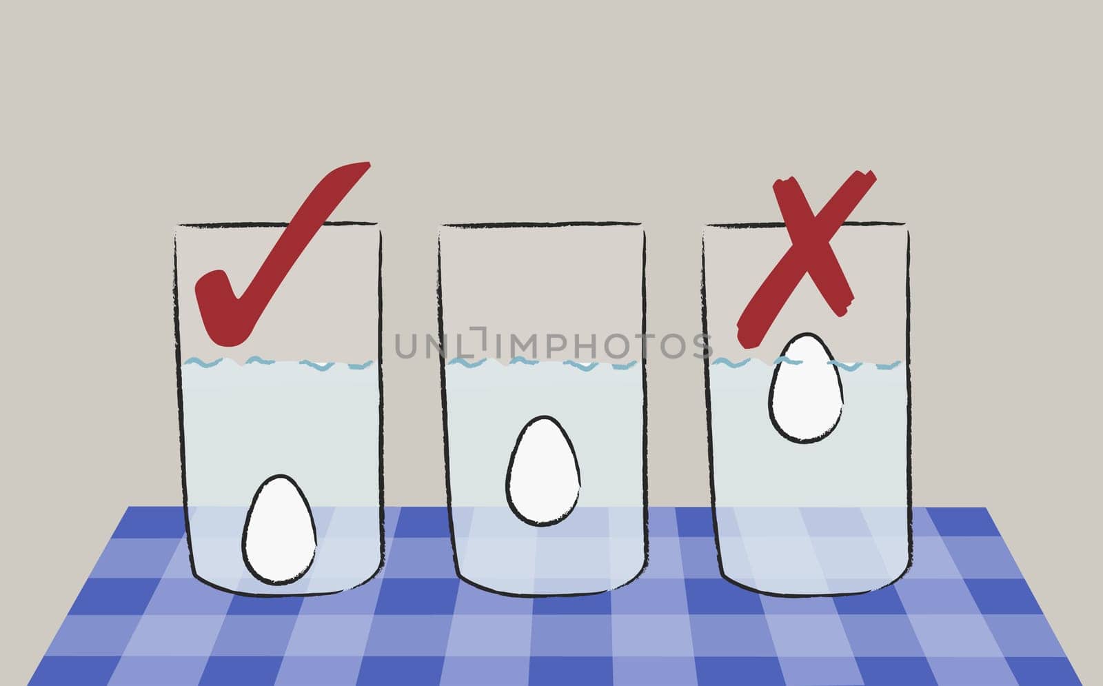 Three eggs in three glasses of water
