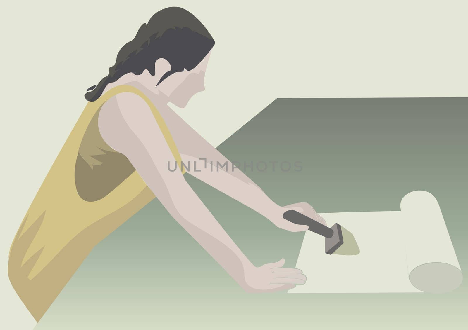 Woman applying glue on wallpaper with a brush