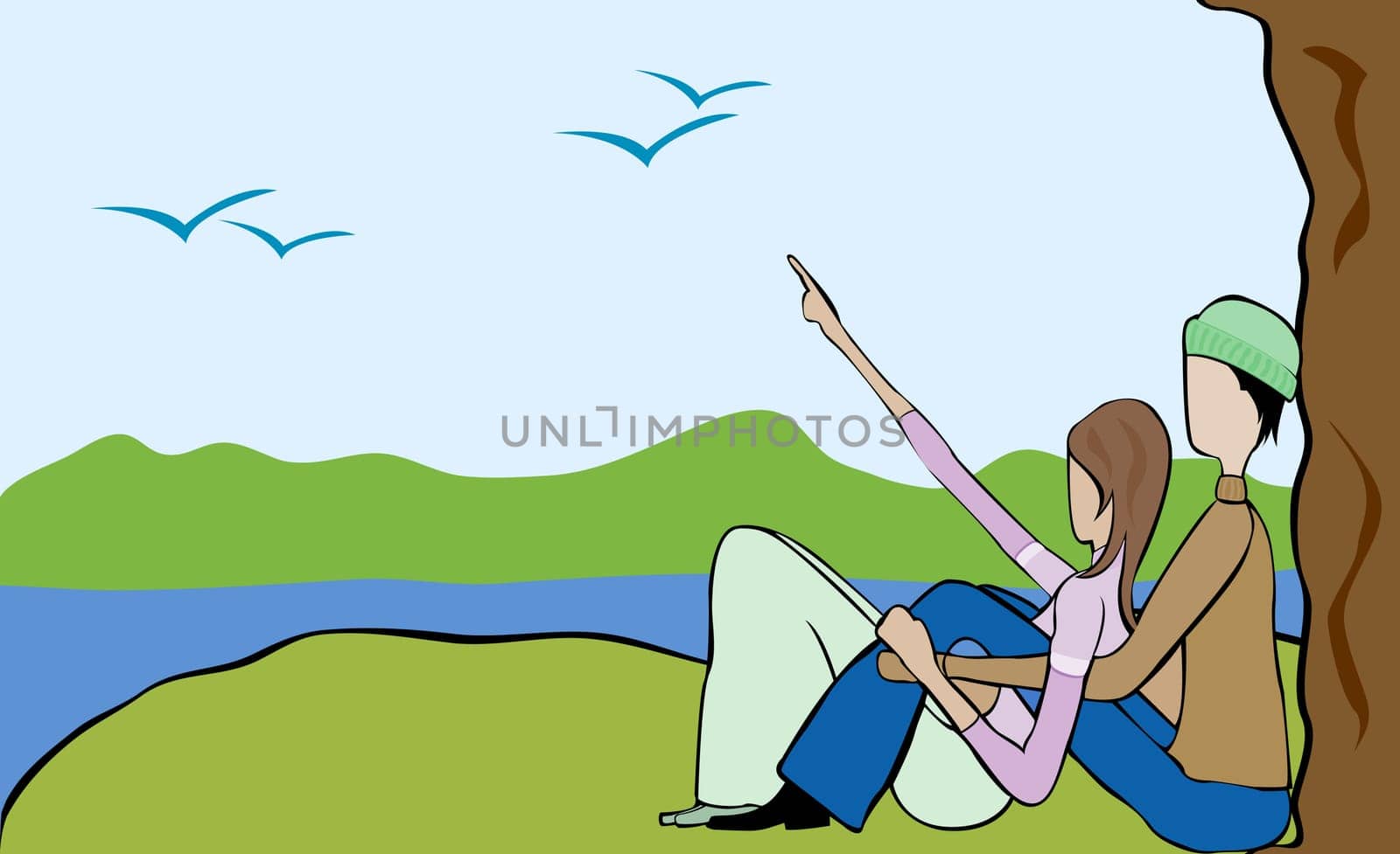 Man and a woman sitting at the lakeside