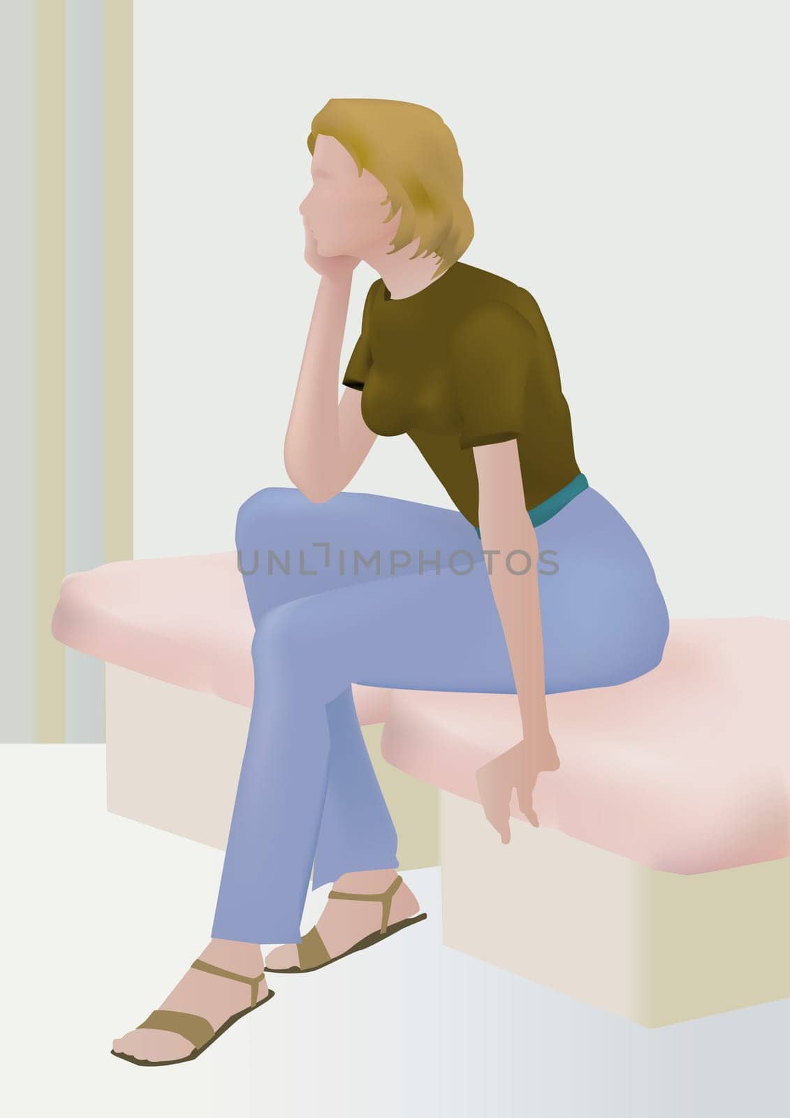 Woman on a bench with her hand on chin