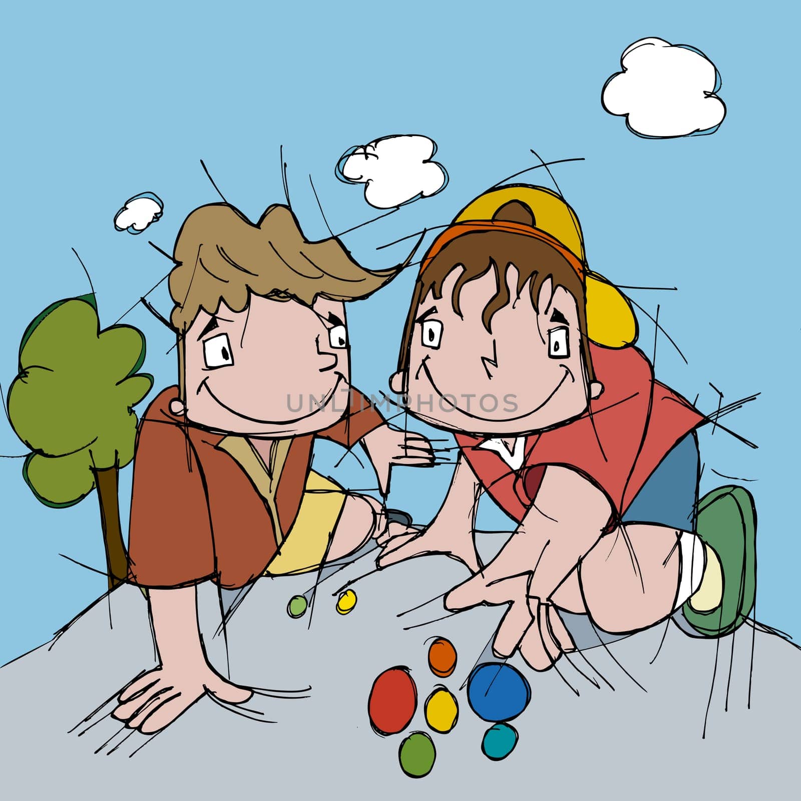 Two boys playing with marbles