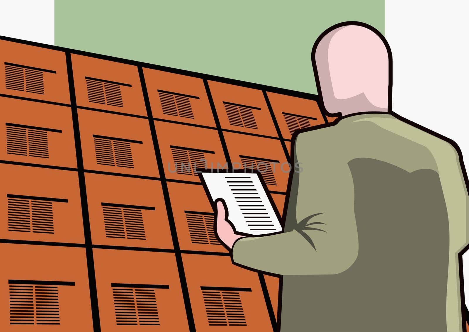 Man standing in front of lockers holding a sheet of paper