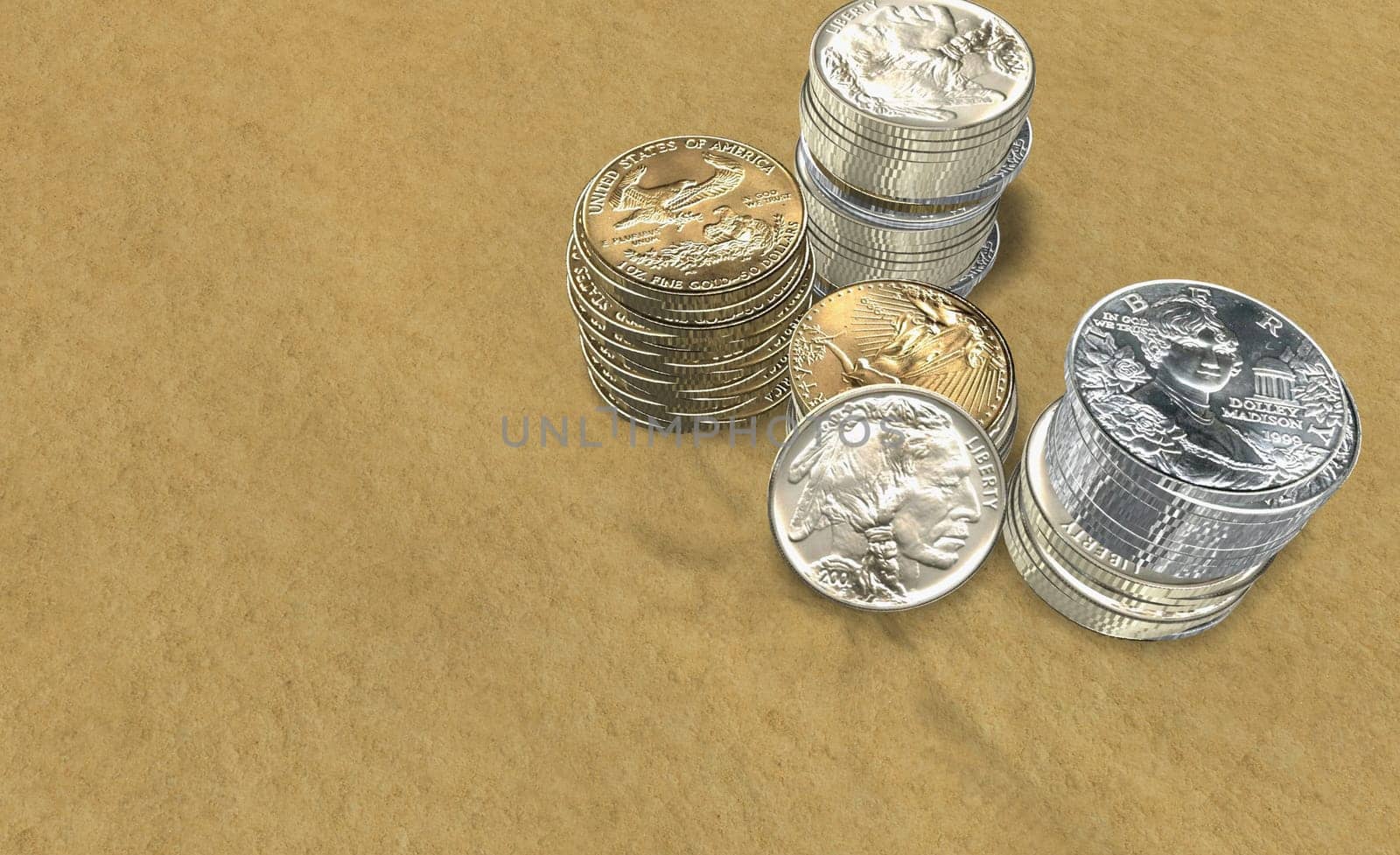 High angle view of stacks of coins
