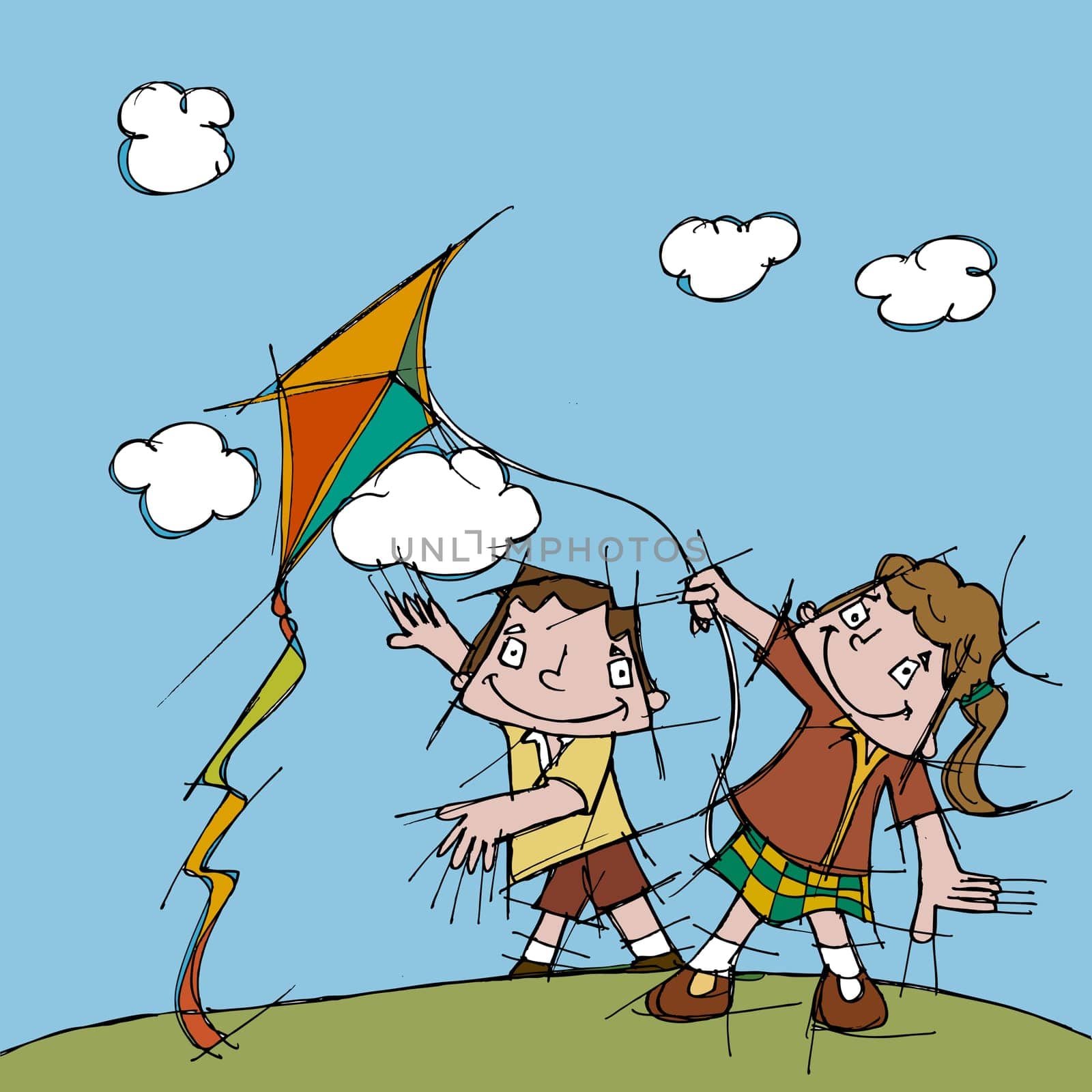 Boy and a girl flying a kite