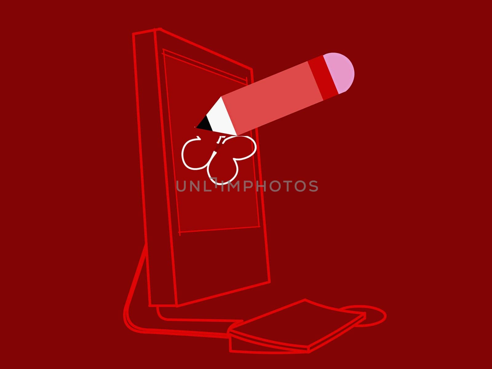 Pencil drawing on a computer monitor